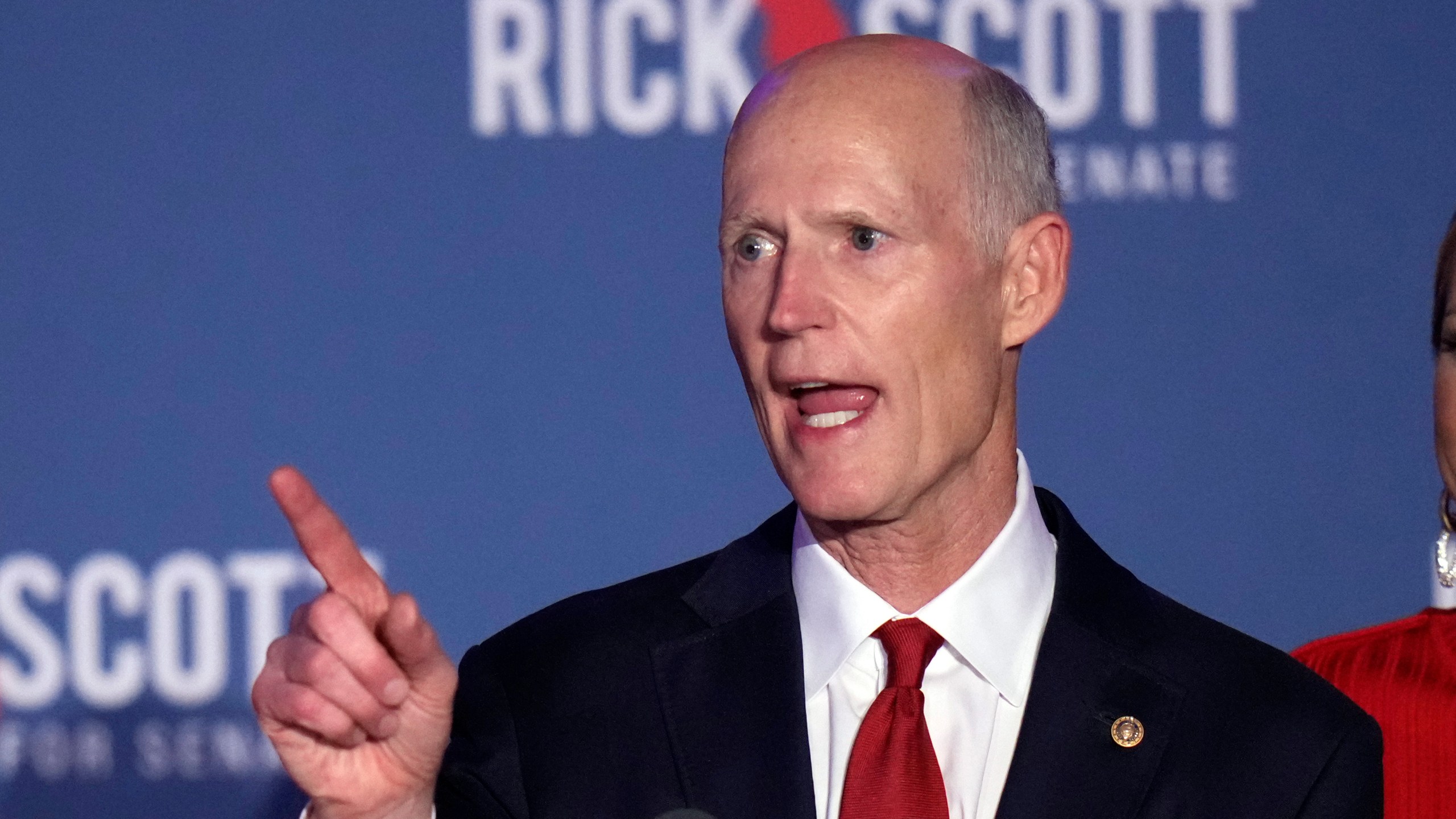 Sen. Rick Scott, R-Fla., speaks at a campaign watch party on election night Tuesday, Nov. 5, 2024, in Bonita Springs, Fla. (AP Photo/Chris O'Meara)