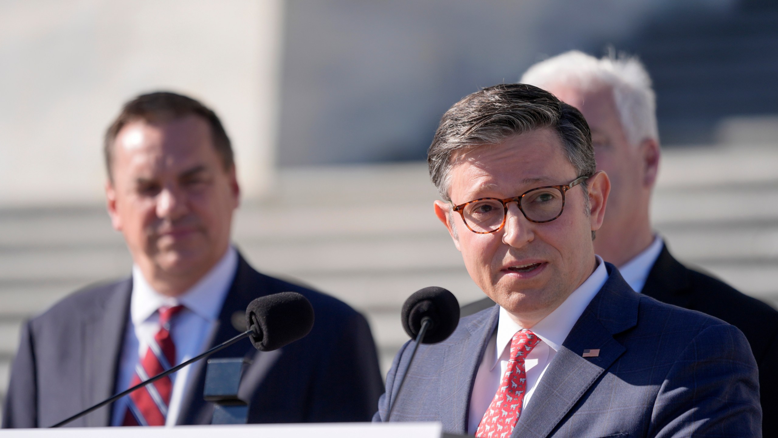 Speaker of the House Mike Johnson, R-La., right, speaks as Chair of the National Republican Congressional Committee Rep. Richard Hudson, R-N.C., left, at a press conference on the steps of the U.S. Capito, Tuesday, Nov. 12, 2024 in Washington. (AP Photo/Mariam Zuhaib)