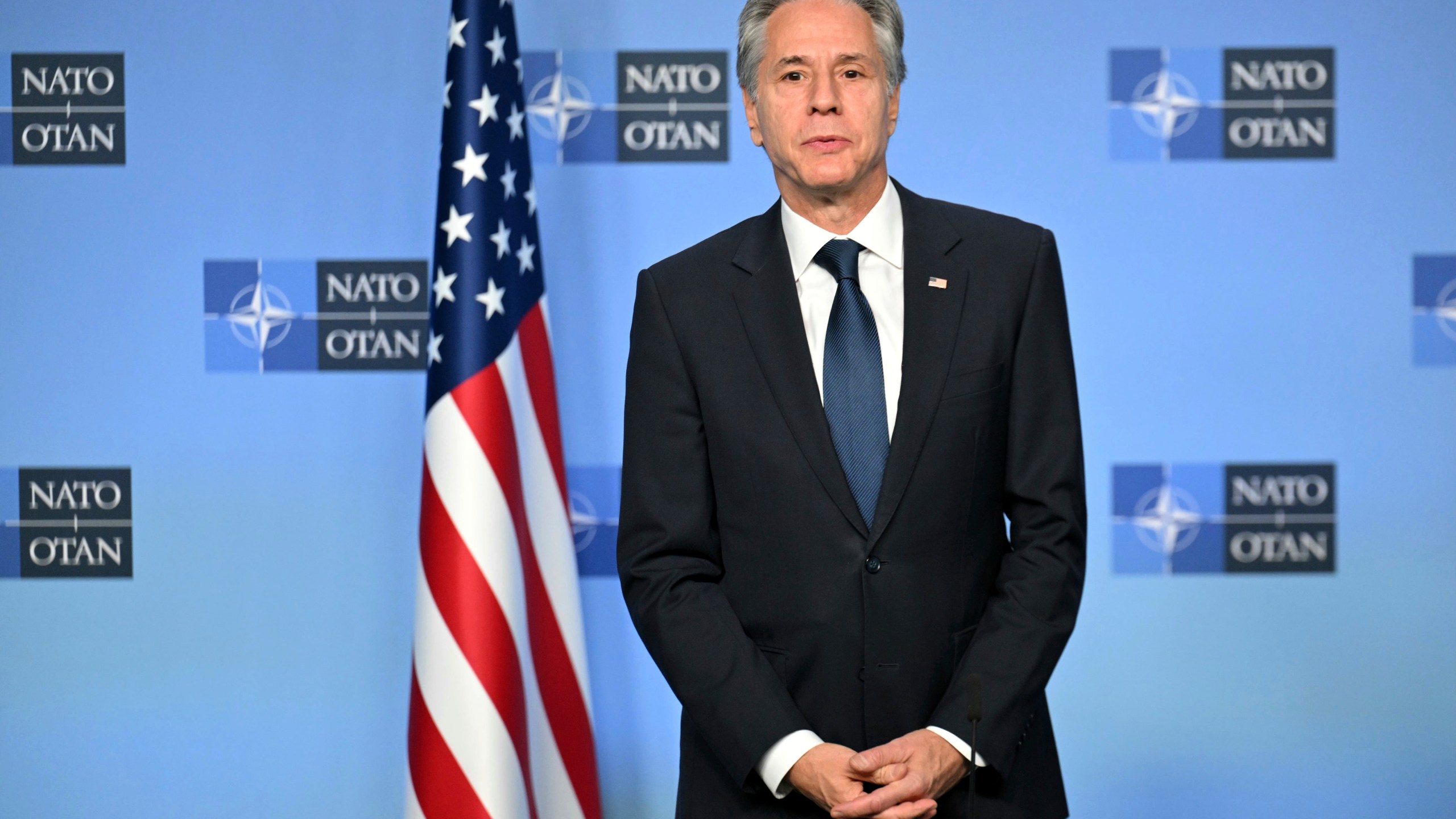 United States Secretary of State Antony Blinken delivers a statement with NATO Secretary General Mark Rutte, not pictured, prior to a meeting at NATO headquarters in Brussels, Wednesday, Nov. 13, 2024. (Nicolas Tucat, Pool Photo via AP)