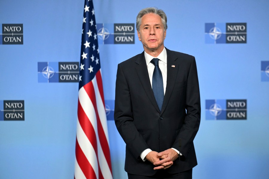 United States Secretary of State Antony Blinken delivers a statement with NATO Secretary General Mark Rutte, not pictured, prior to a meeting at NATO headquarters in Brussels, Wednesday, Nov. 13, 2024. (Nicolas Tucat, Pool Photo via AP)