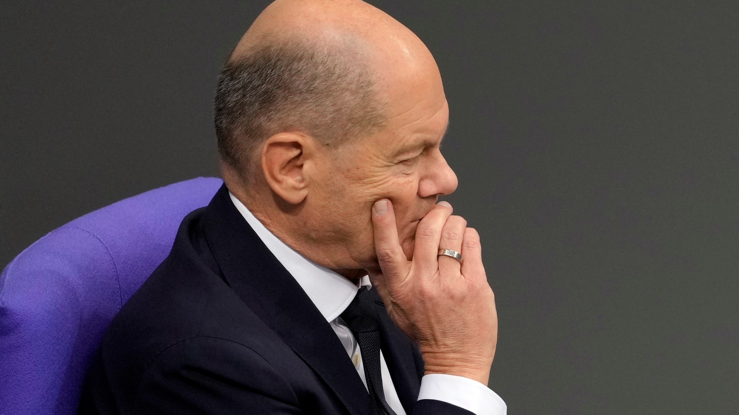 German Chancellor Olaf Scholz attends a plenary session in the German parliament Bundestag in Berlin, Germany, Wednesday, Nov. 13, 2024. (AP Photo/Markus Schreiber)