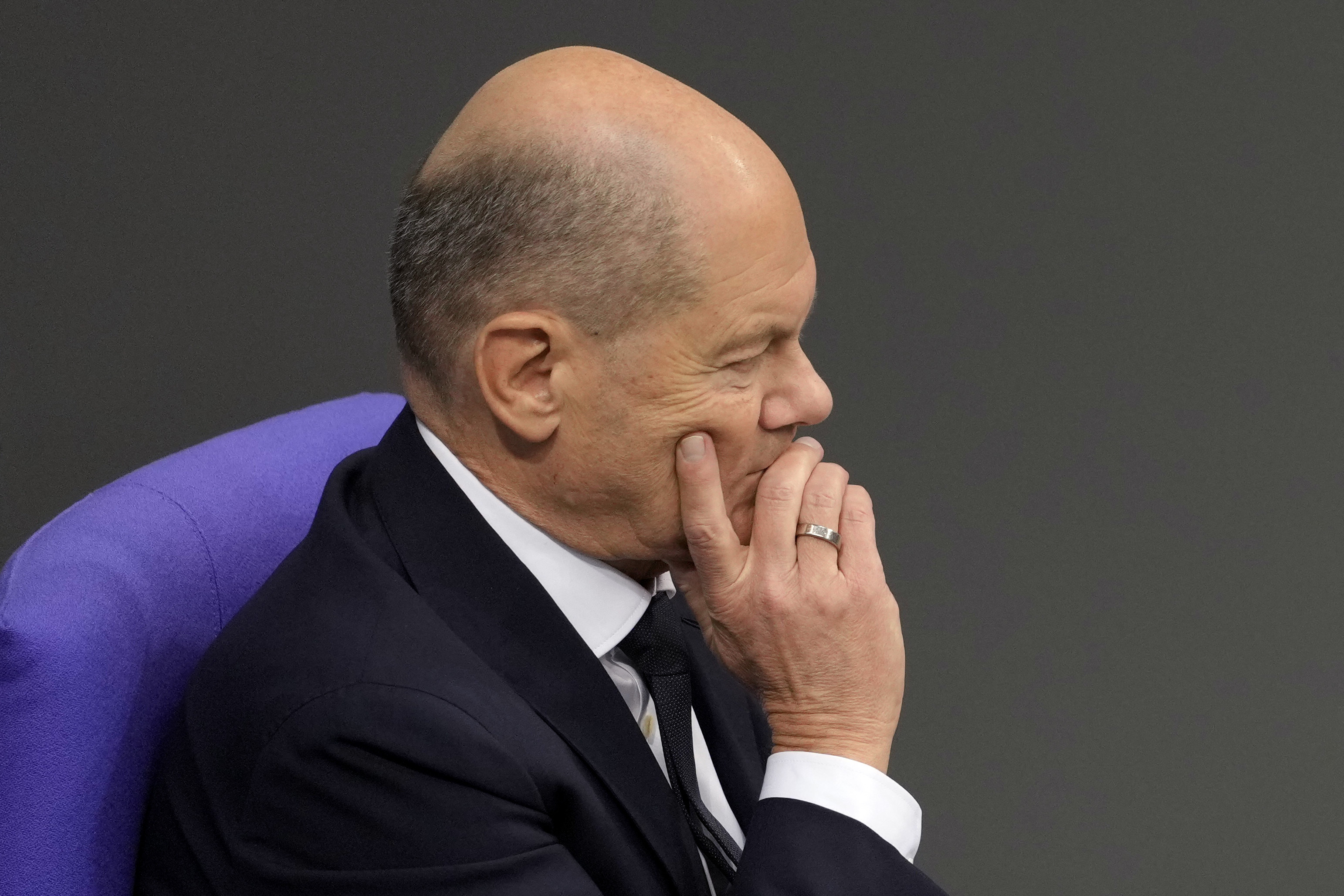 German Chancellor Olaf Scholz attends a plenary session in the German parliament Bundestag in Berlin, Germany, Wednesday, Nov. 13, 2024. (AP Photo/Markus Schreiber)