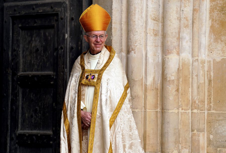 FILE - Archbishop of Canterbury Justin Welby stands at Westminster Abbey ahead of the coronation of King Charles III and Camilla, the Queen Consort, in London, Saturday, May 6, 2023. (Andrew Milligan/Pool via AP, File)