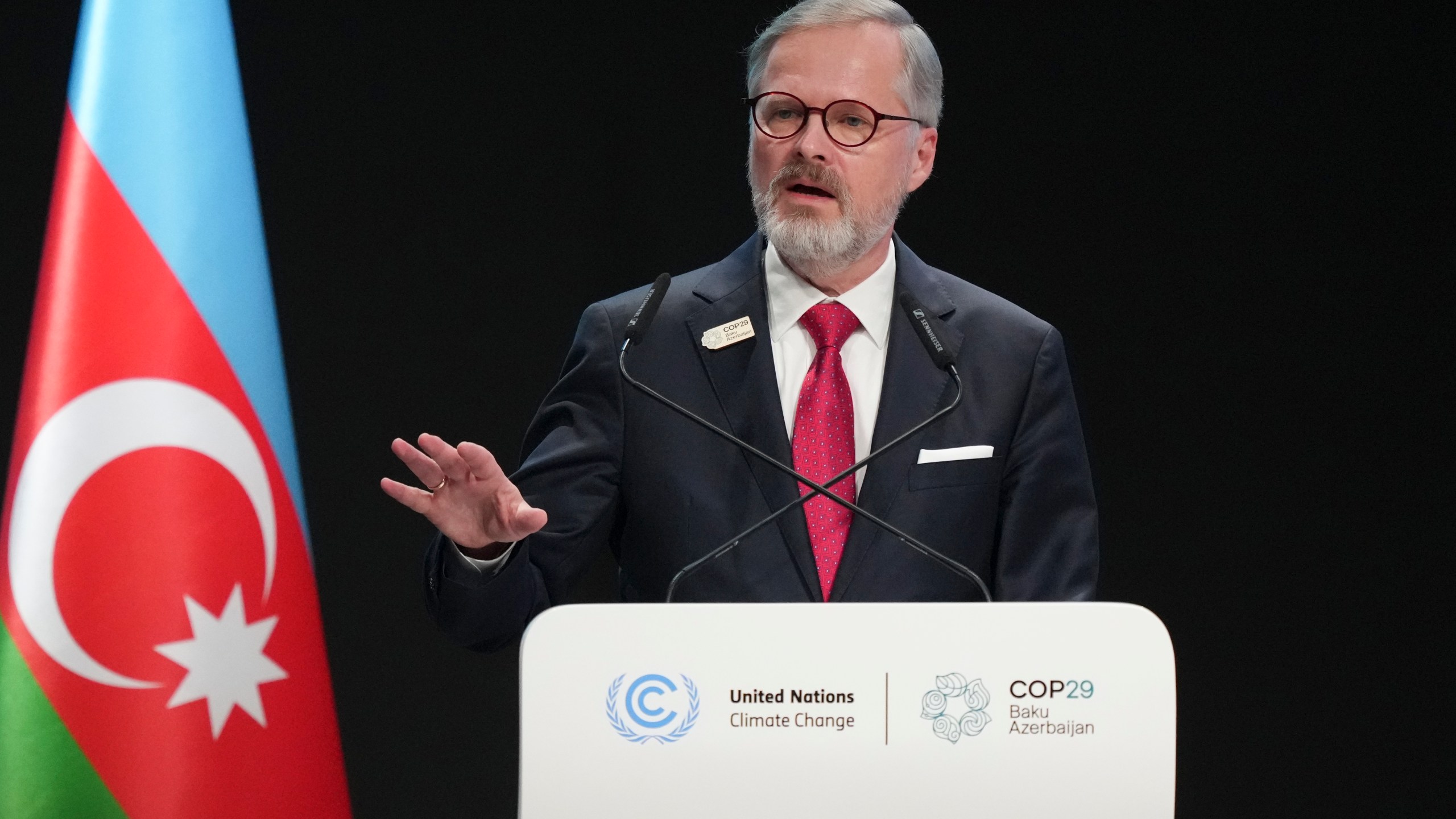 Czech Republic Prime Minister Petr Fiala speaks during a plenary session at the COP29 U.N. Climate Summit, Wednesday, Nov. 13, 2024, in Baku, Azerbaijan. (AP Photo/Sergei Grits)