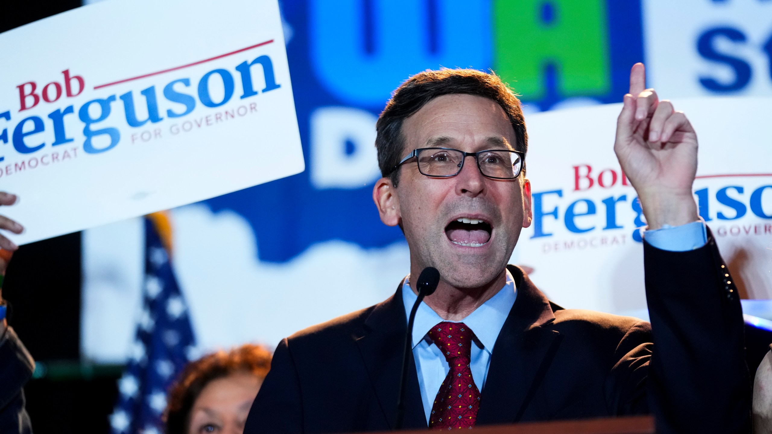 FILE - Democratic Washington gubernatorial candidate Attorney General Bob Ferguson speaks to supporters at the Washington State Democrats election night party on Election Day, Tuesday, Nov. 5, 2024, in Seattle. (AP Photo/Lindsey Wasson, File)