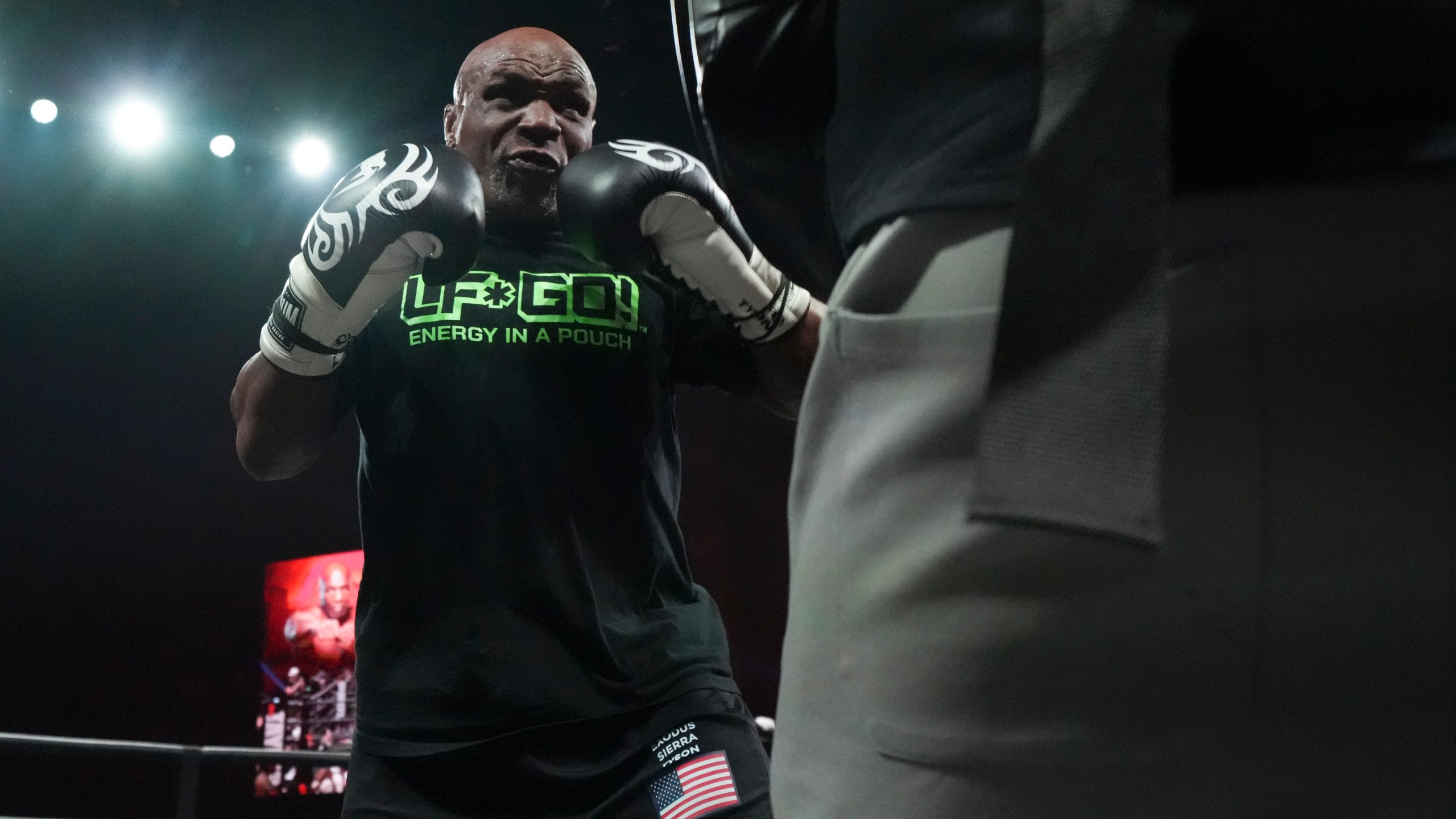 Mike Tyson works out ahead of his boxing match against Jake Paul, Tuesday, Nov. 12, 2024, in Irving, Texas. (AP Photo/Julio Cortez)