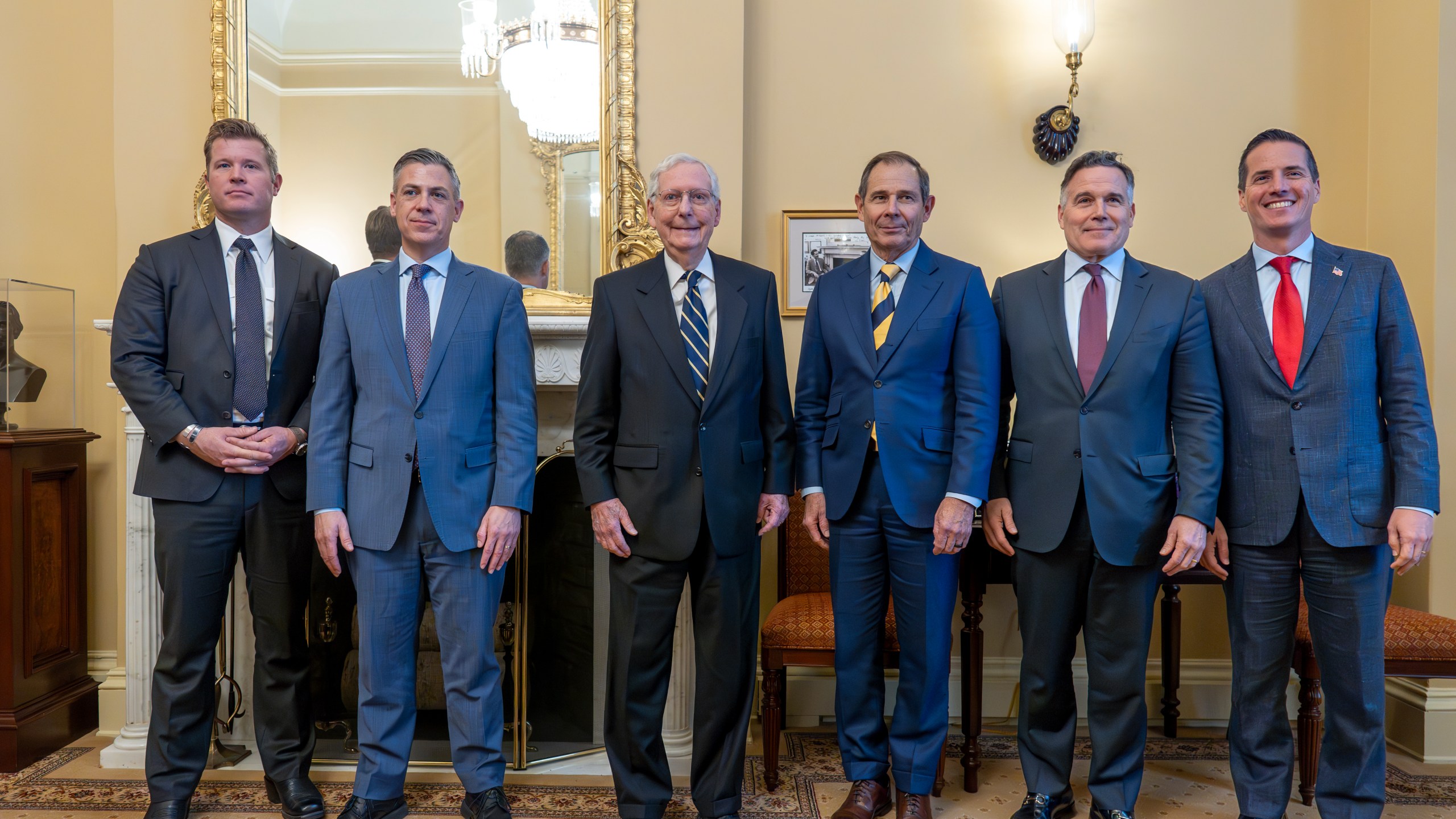 Senate Minority Leader Mitch McConnell, R-Ky., center, welcomes incoming Republican senators in his office at the Capitol in Washington, Tuesday, Nov. 12, 2024. From left are, Sen.-elect Tim Sheehy, R-Mont., Sen.-elect Jim Banks, R-Ind., Sen. Mitch McConnell, R-Ky., Sen.-elect John Curtis, R-Utah, Sen.-elect David McCormick, R-Pa., and Sen.-elect Bernie Moreno, R-Ohio. (AP Photo/J. Scott Applewhite)