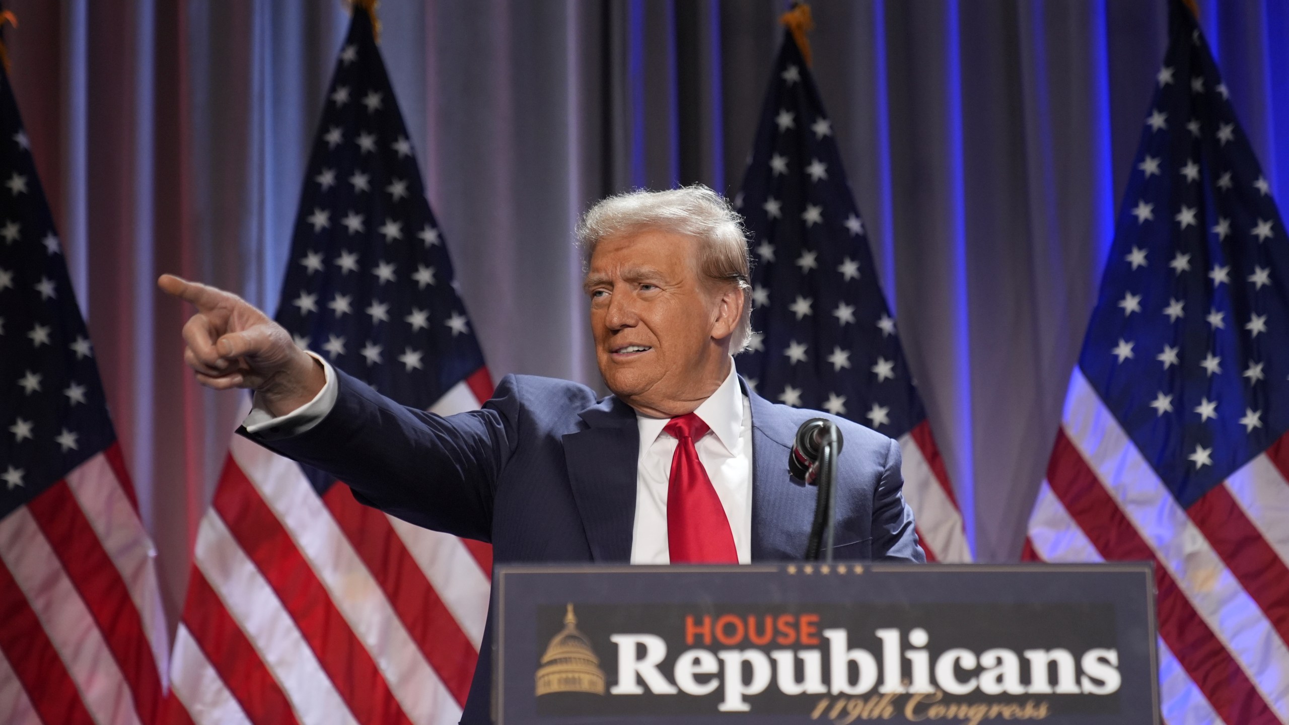 President-elect Donald Trump speaks as he arrives for a meeting with the House GOP conference, Wednesday, Nov. 13, 2024, in Washington. (AP Photo/Alex Brandon)