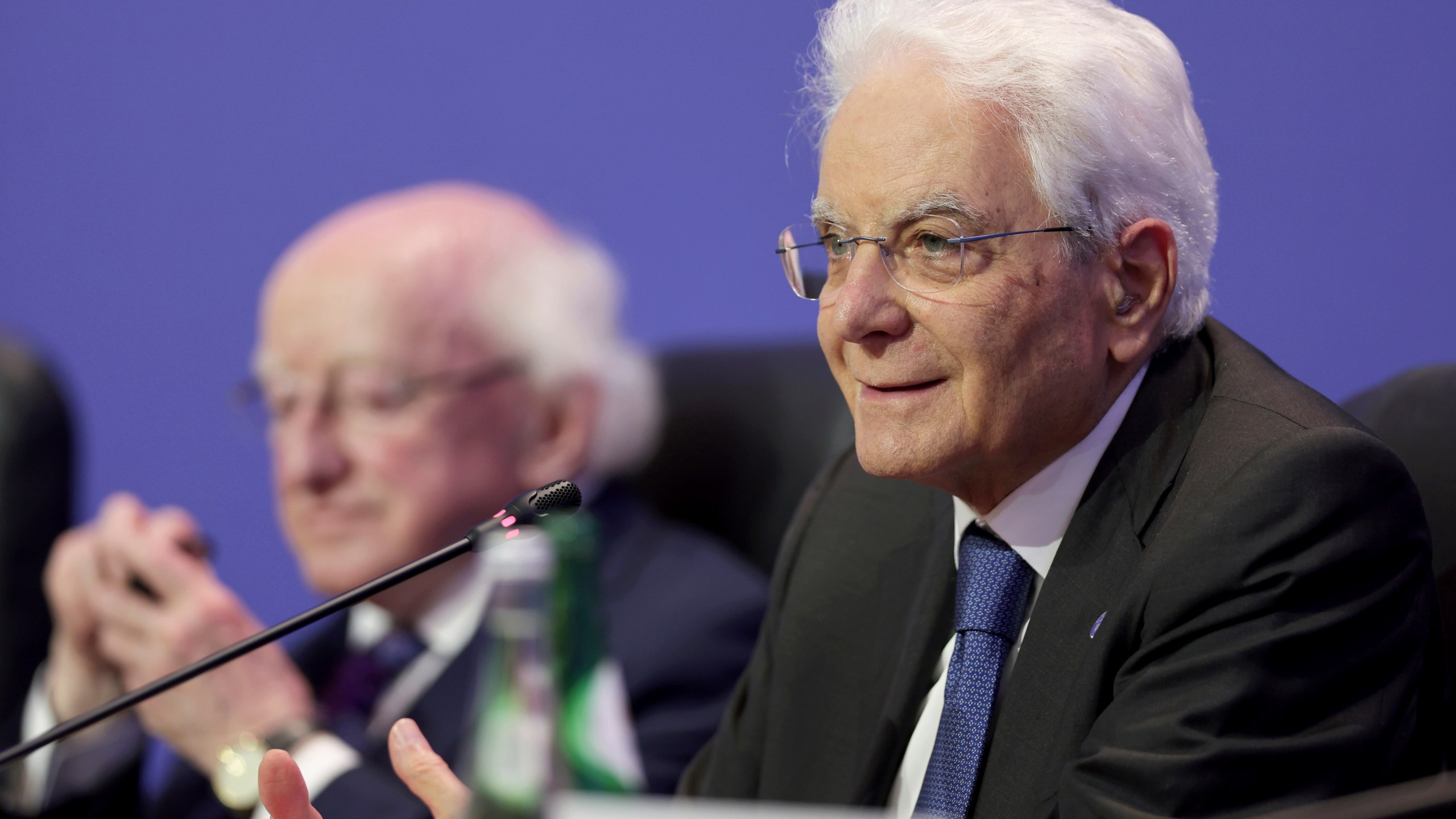 FILE - Sergio Mattarella, President of Italy, right, addresses journalists at the end of the Arraiolos Group meeting in Porto, Portugal, Oct. 6, 2023. (AP Photo/Miguel Angelo Pereira, File)