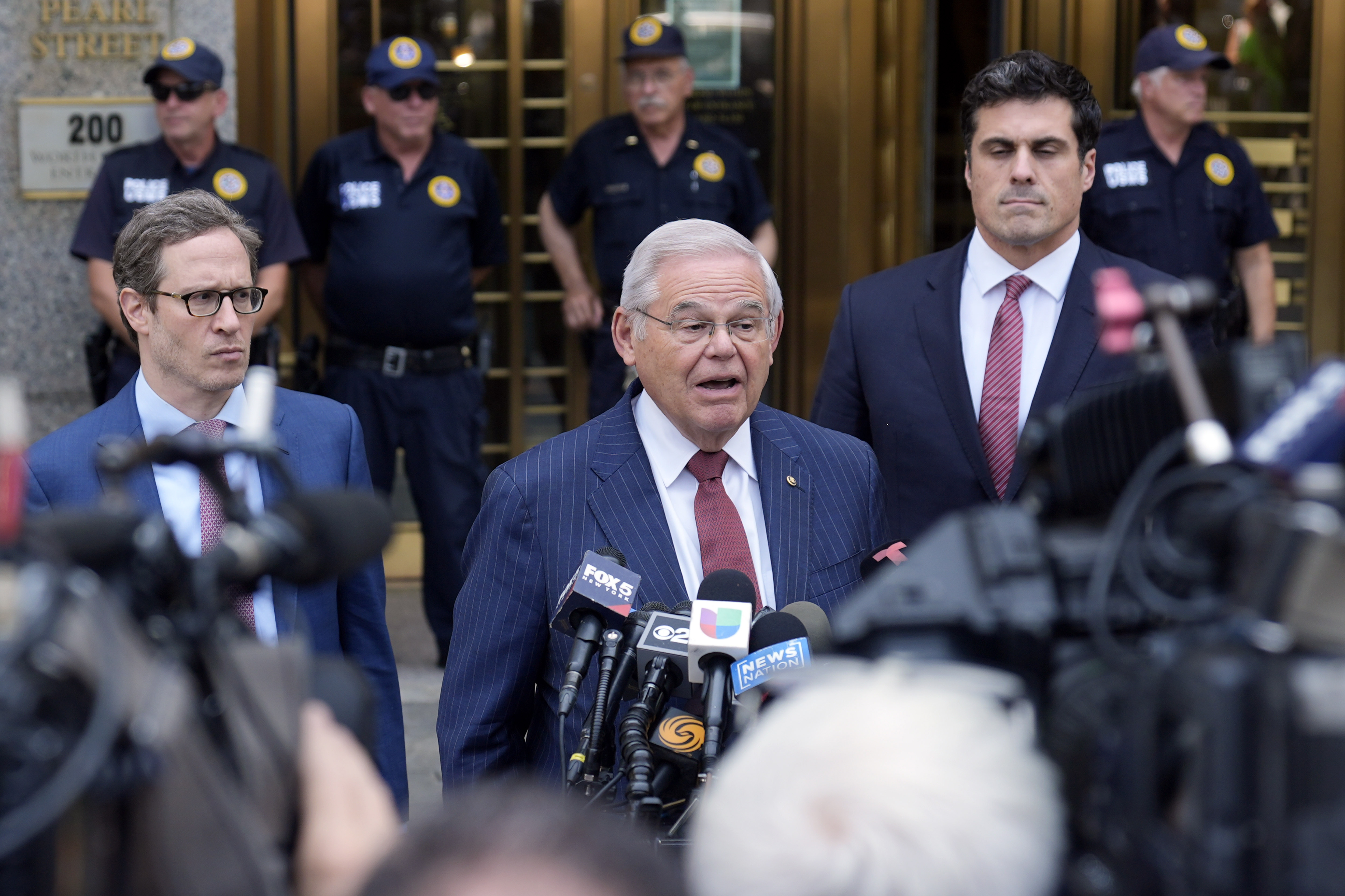 FILE - Sen. Bob Menendez, D-N.J., leaves federal court after being convicted of all the charges he faced at his corruption trial, in New York, July 16, 2024. (AP Photo/Seth Wenig, File)