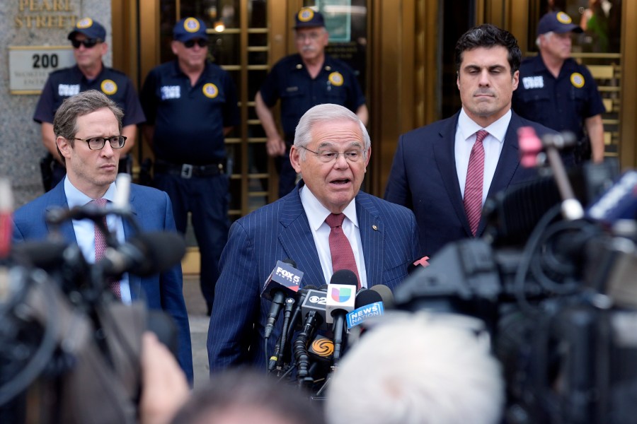 FILE - Sen. Bob Menendez, D-N.J., leaves federal court after being convicted of all the charges he faced at his corruption trial, in New York, July 16, 2024. (AP Photo/Seth Wenig, File)