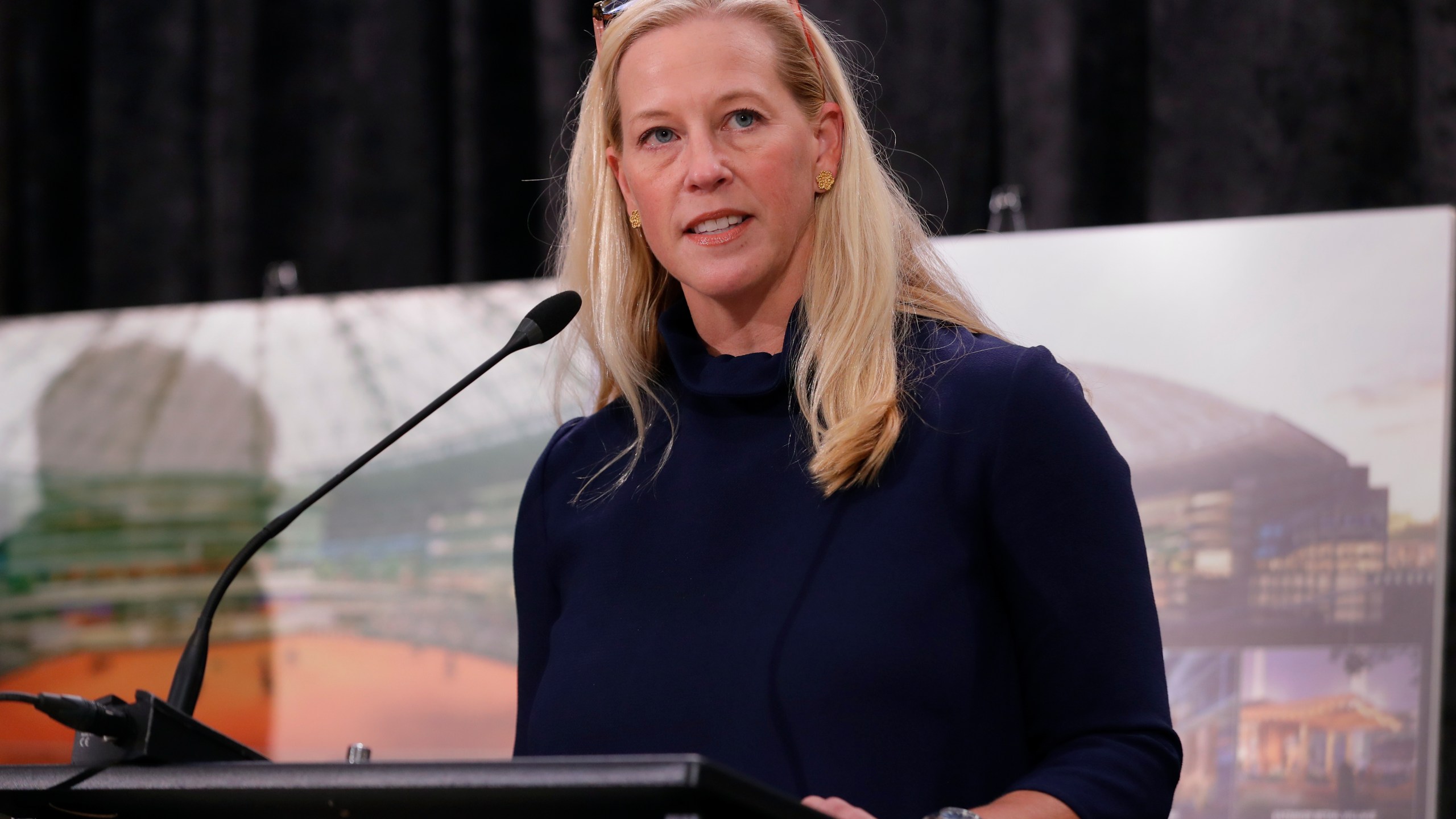 Beth Wiedower Jackson, executive director of the Astrodome Conservancy, speaks during a press conference put on by the group and held at The Ion Wednesday, Nov. 13, 2024, in Houston. The Astrodome Conservancy, a group dedicated to preserving the structure, has proposed a multi-use renovation for the once legendary building. (AP Photo/Michael Wyke)