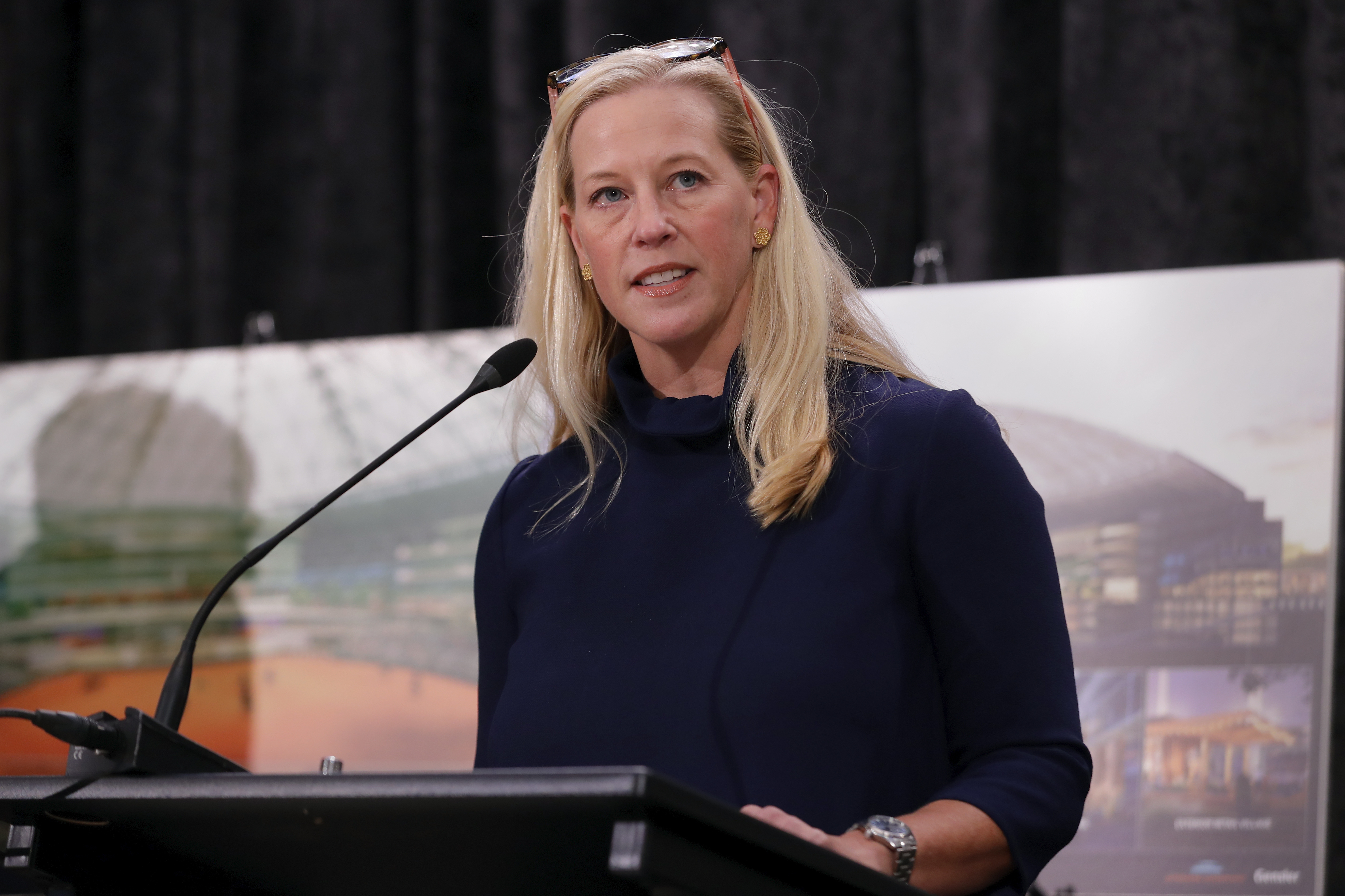 Beth Wiedower Jackson, executive director of the Astrodome Conservancy, speaks during a press conference put on by the group and held at The Ion Wednesday, Nov. 13, 2024, in Houston. The Astrodome Conservancy, a group dedicated to preserving the structure, has proposed a multi-use renovation for the once legendary building. (AP Photo/Michael Wyke)