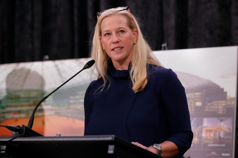 Beth Wiedower Jackson, executive director of the Astrodome Conservancy, speaks during a press conference put on by the group and held at The Ion Wednesday, Nov. 13, 2024, in Houston. The Astrodome Conservancy, a group dedicated to preserving the structure, has proposed a multi-use renovation for the once legendary building. (AP Photo/Michael Wyke)