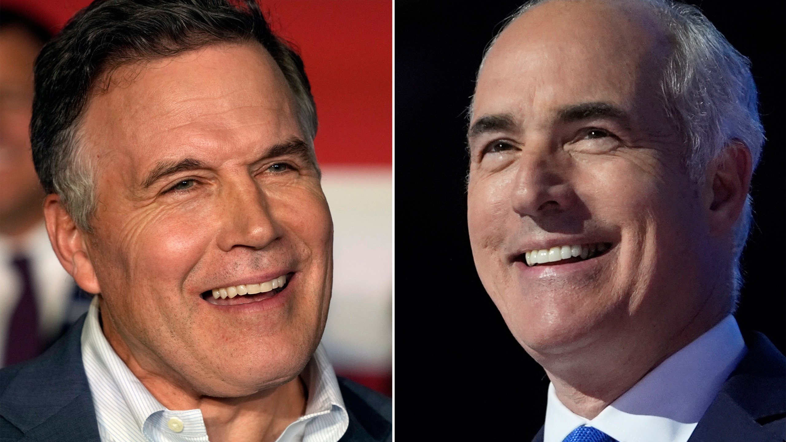 FILE - This combination of images shows from left, Republican Pennsylvania Senate candidate David McCormick, left, in Pittsburgh, on Sept. 21, 2023, and opponent, Sen. Bob Casey, D-Pa., in Chicago, on Aug. 22, 2024. (AP Photo Gene J. Puskar, left; and AP Photo Paul Sancya, File)