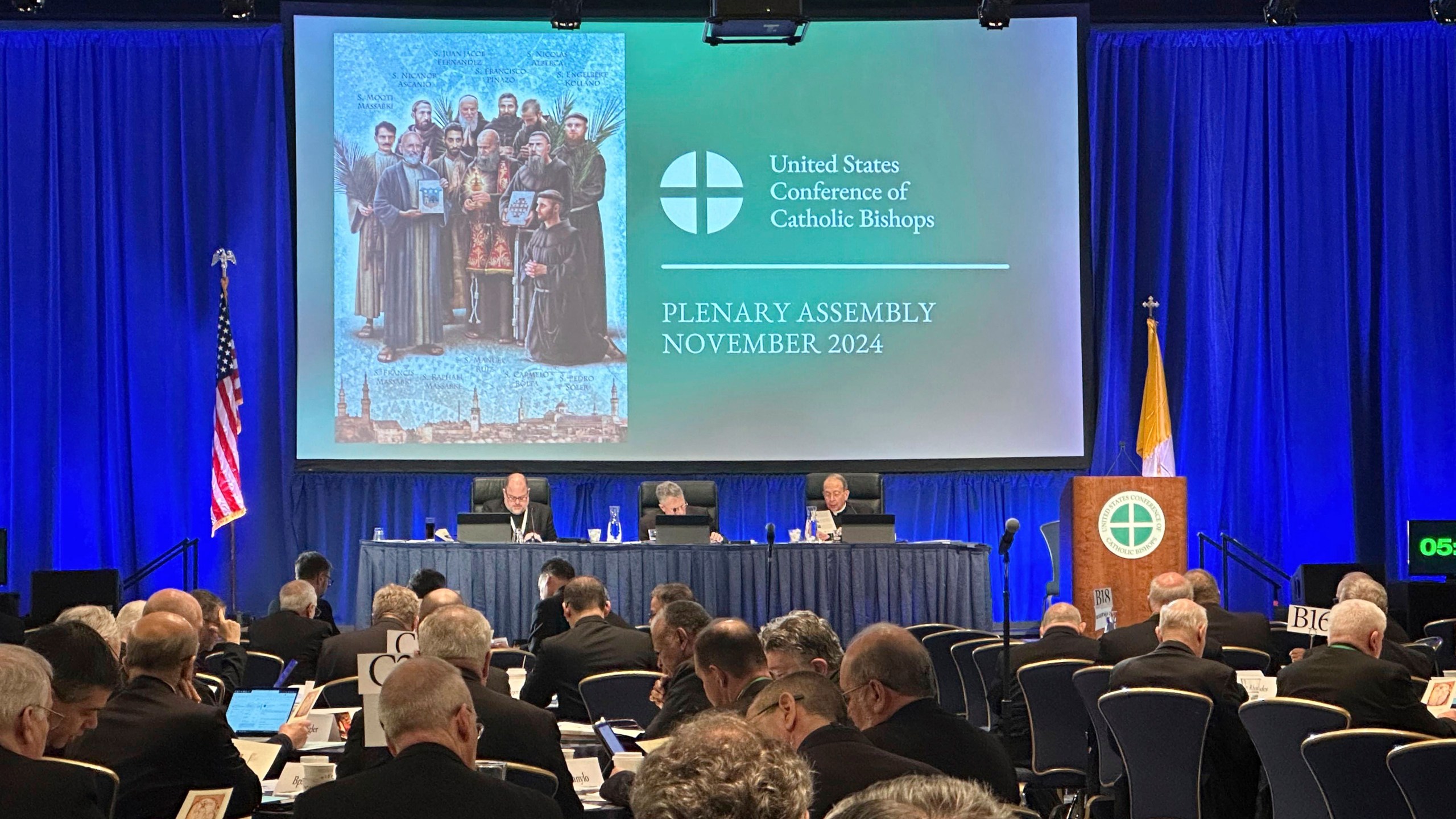 U.S. Catholic bishops gather for their annual fall meeting at the Marriott Waterfront hotel in Baltimore on Tuesday, Nov. 12, 2024. (AP Photo/Tiffany Stanley)