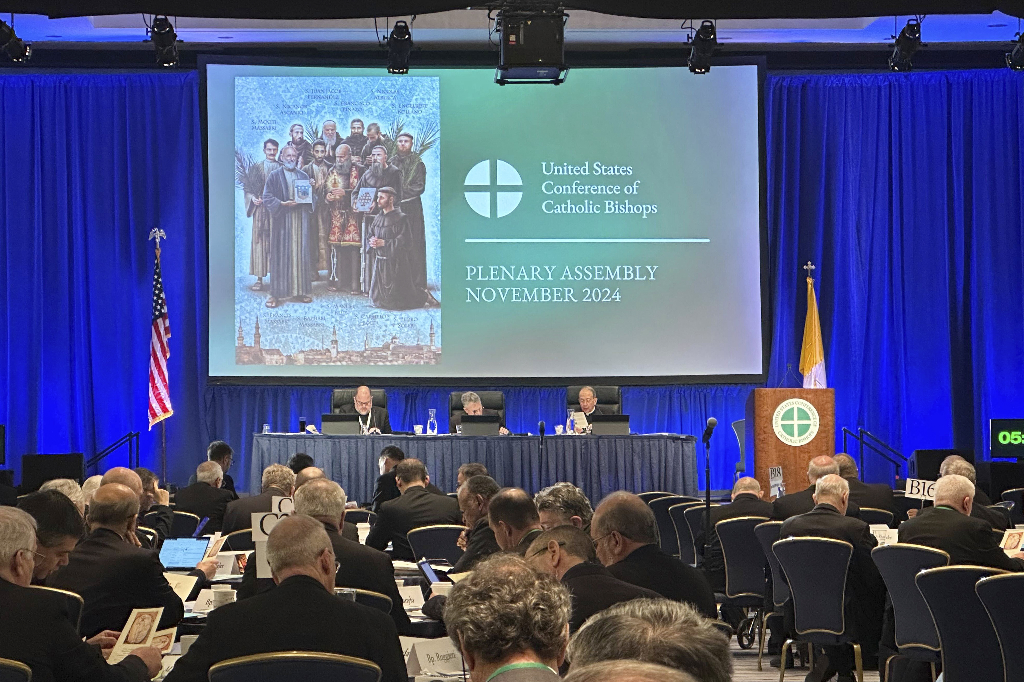 U.S. Catholic bishops gather for their annual fall meeting at the Marriott Waterfront hotel in Baltimore on Tuesday, Nov. 12, 2024. (AP Photo/Tiffany Stanley)