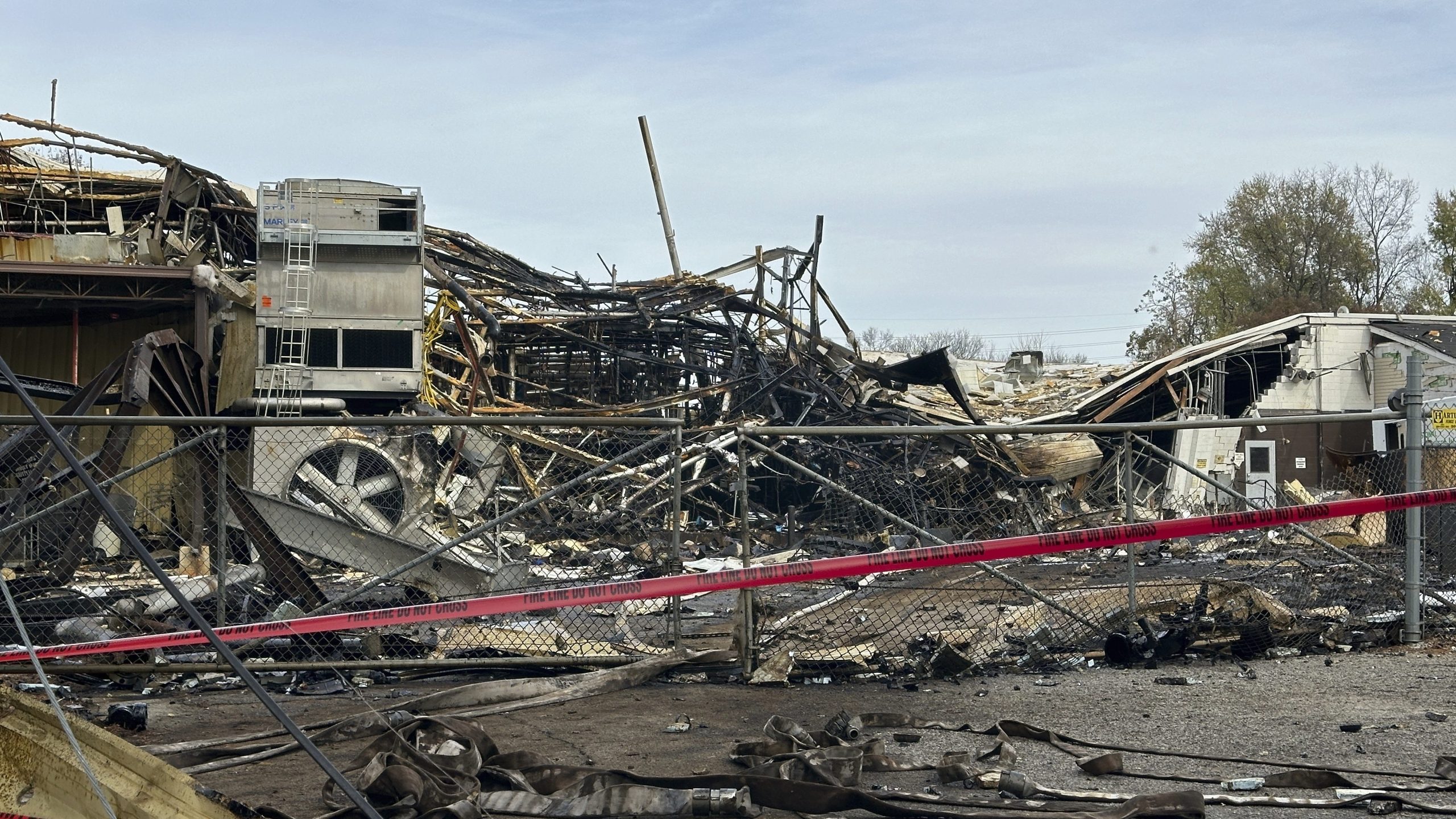 The area is closed off showing damage from an explosion at the Givaudan Color Sense plant in Louisville, Ky. on Wednesday, Nov. 13, 2024. (AP Photo/Dylan Lovan)