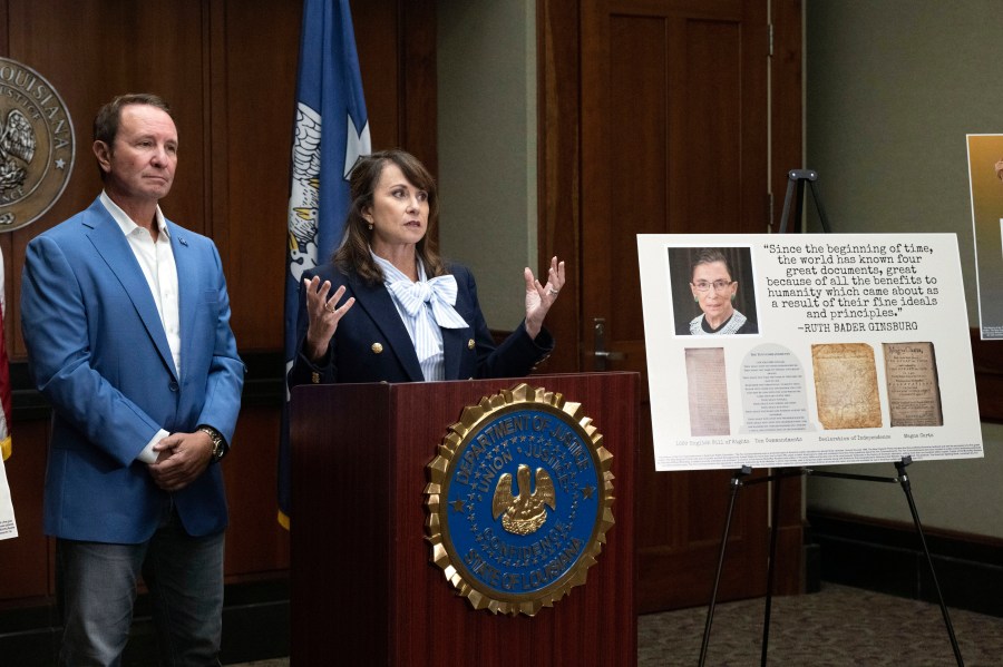 FILE - Louisiana Attorney General Liz Murrill speaks alongside Louisiana Gov. Jeff Landry during a press conference regarding the Ten Commandments in schools Monday, Aug. 5, 2024, in Baton Rouge, La. (Hilary Scheinuk/The Advocate via AP, File)