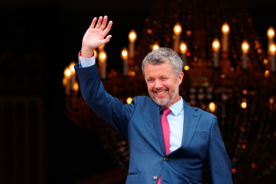 FILE - Denmark's King Frederik X, celebrating his 56th birthday, waves from the balcony of Frederik VIII's Palace, Amalienborg Castle in Copenhagen, Sunday, May 26, 2024. (Ida Marie Odgaard/Ritzau Scanpix via AP, File)