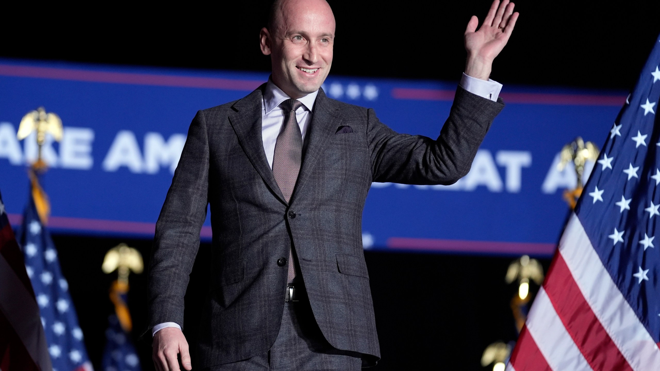 FILE - Stephen Miller arrives before Republican presidential nominee former President Donald Trump speaks during a campaign rally, Friday, Oct. 18, 2024, in Detroit. (AP Photo/Evan Vucci, File)