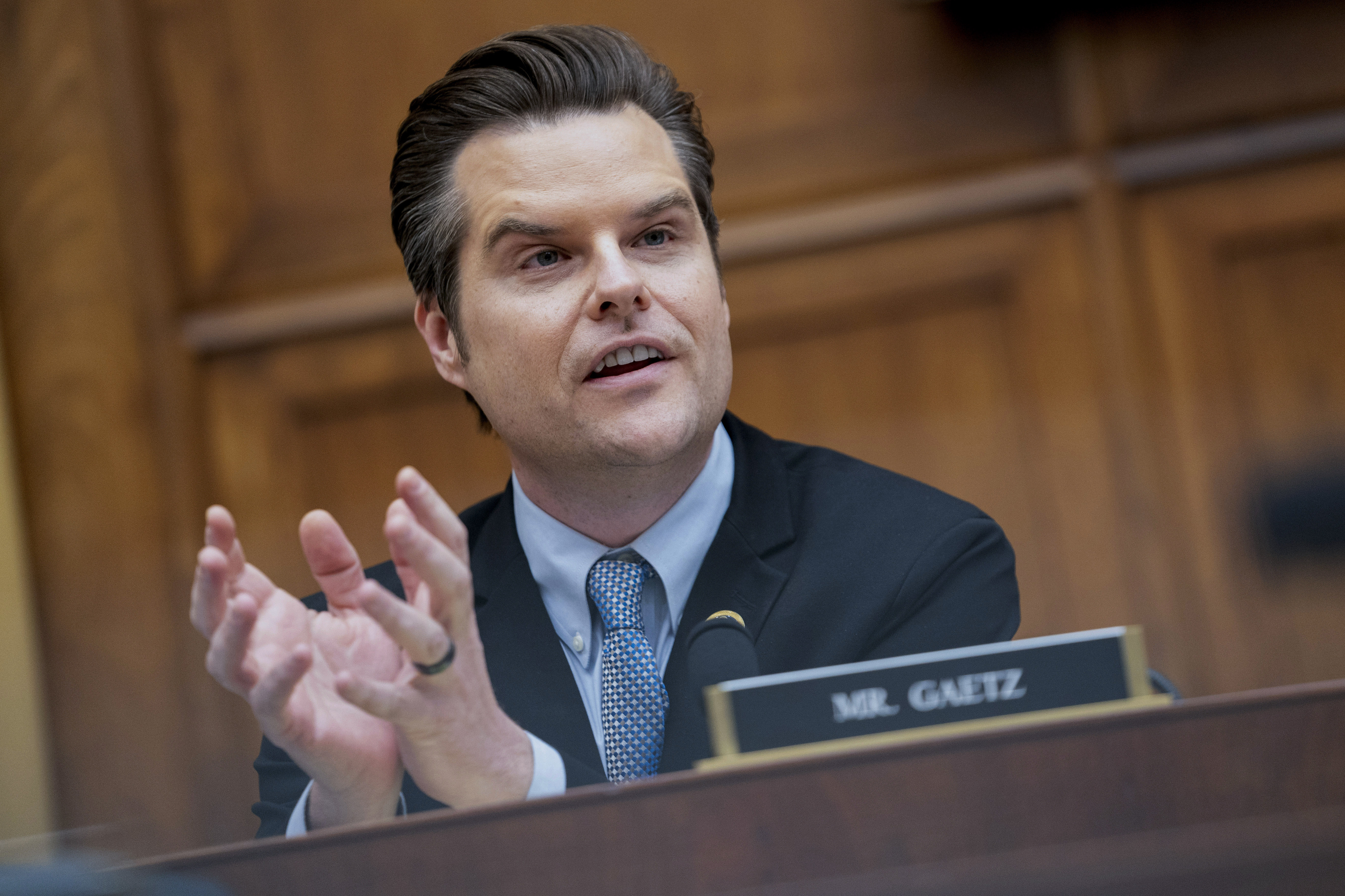 FILE - Rep. Matt Gaetz, R-Fla., speaks on Capitol Hill in Washington, March 12, 2024. (AP Photo/Nathan Howard, File)