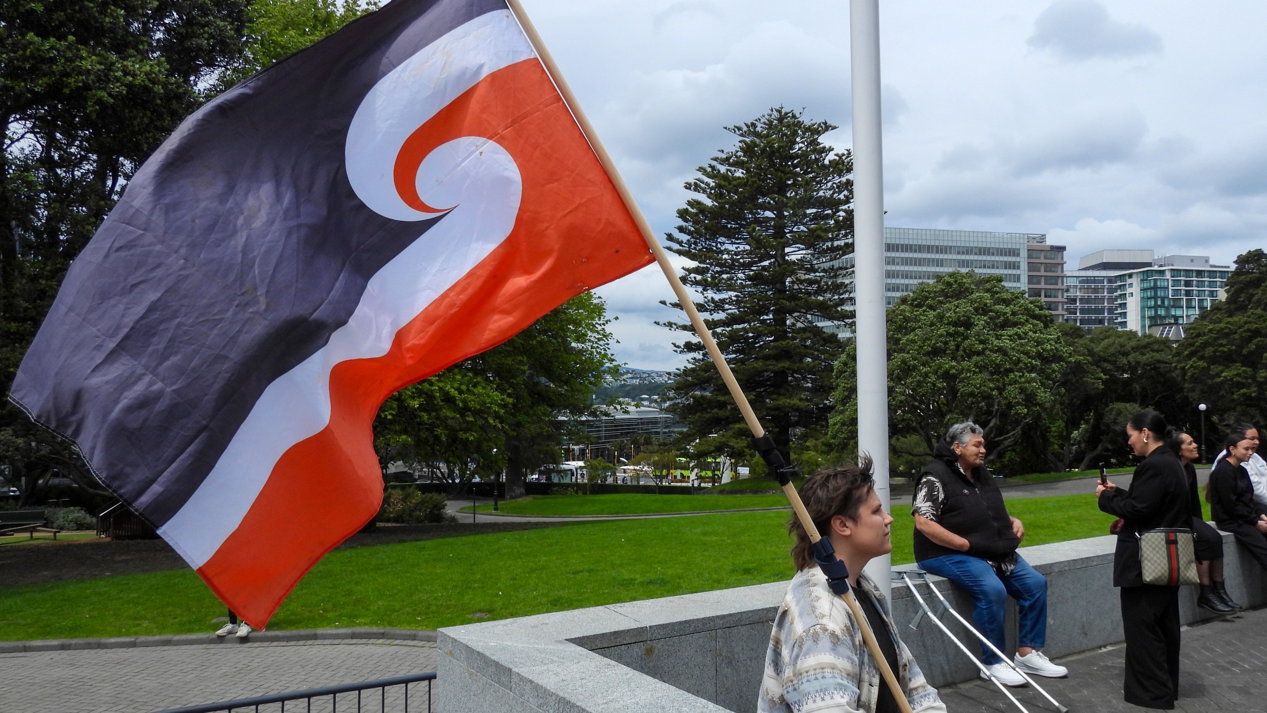 CORRECTING SPELLING OF THE BILL- A protester against the Treaty Principles Bill sits outside Parliament in Wellington, New Zealand, Thursday, Nov. 14, 2024. (AP Photo/Charlotte Graham-McLay)