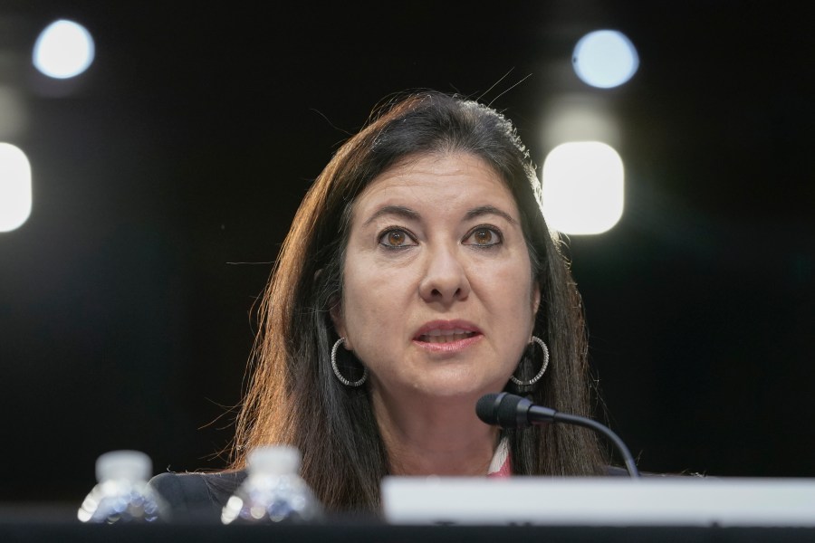 FILE - Adriana Kugler of Maryland, speaks during the Senate Banking, Housing, and Urban Affairs Committee hearing to examine her nomination to be a member of the Board of Governors of the Federal Reserve System, June 21, 2023, on Capitol Hill in Washington. (AP Photo/Mariam Zuhaib, File)