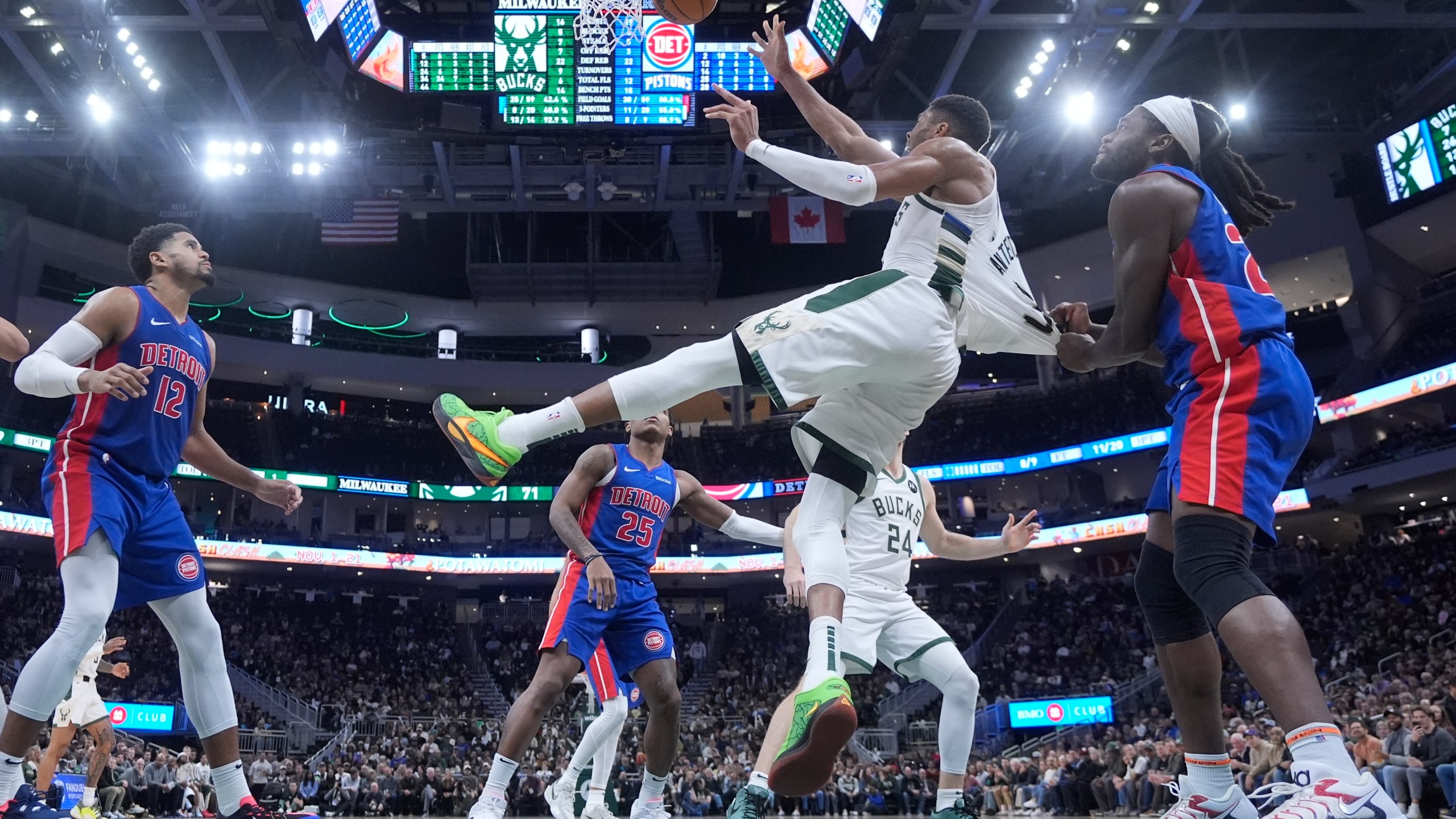 Detroit Pistons' Isaiah Stewart pulls down Milwaukee Bucks' Giannis Antetokounmpo during the second half of an NBA basketball game Wednesday, Nov. 13, 2024, in Milwaukee. Stewart was ejected from the game. (AP Photo/Morry Gash)