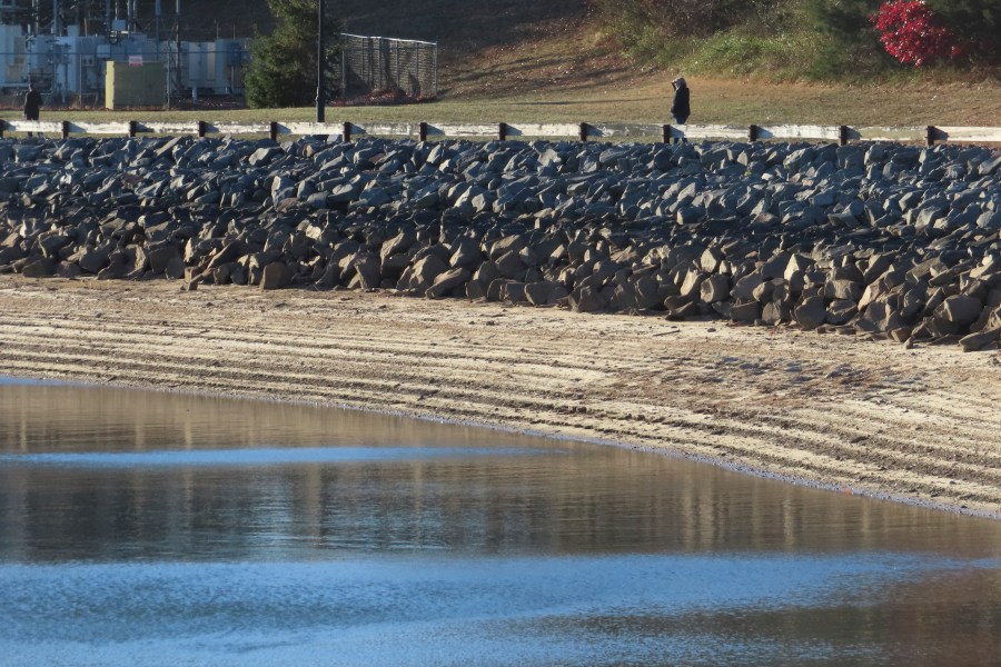 Water levels sit below normal at the Brick Reservoir in Brick N.J., on Tuesday, Nov. 12, 2024 amid record-breaking dry conditions in New Jersey. (AP Photo/Wayne Parry)