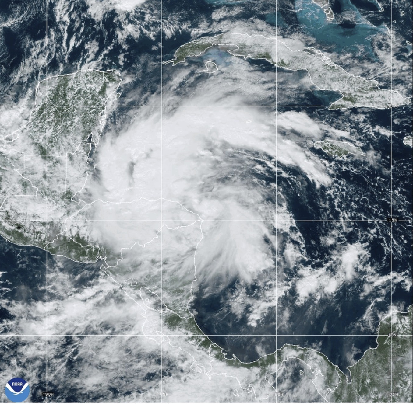 This GOES-East GeoGolor satellite image taken Thursday, Nov. 14, 2024, at 1:03 p.m. EST and provided by the National Oceanic and Atmospheric Administration (NOAA), shows Tropical Storm Sara. (CIRA/NOAA via AP)