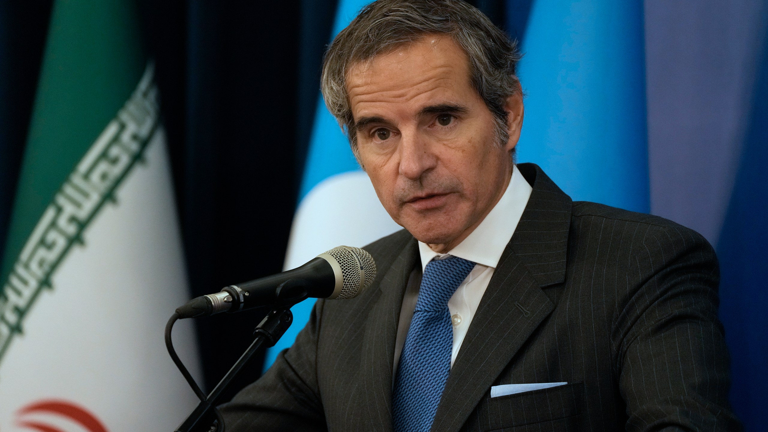 International Atomic Energy Agency (IAEA) Director General Rafael Mariano Grossi speaks during a joint press briefing with head of Atomic Energy Organization of Iran Mohammad Eslami in Tehran, Iran, Thursday, Nov. 14, 2024. (AP Photo/Vahid Salemi)