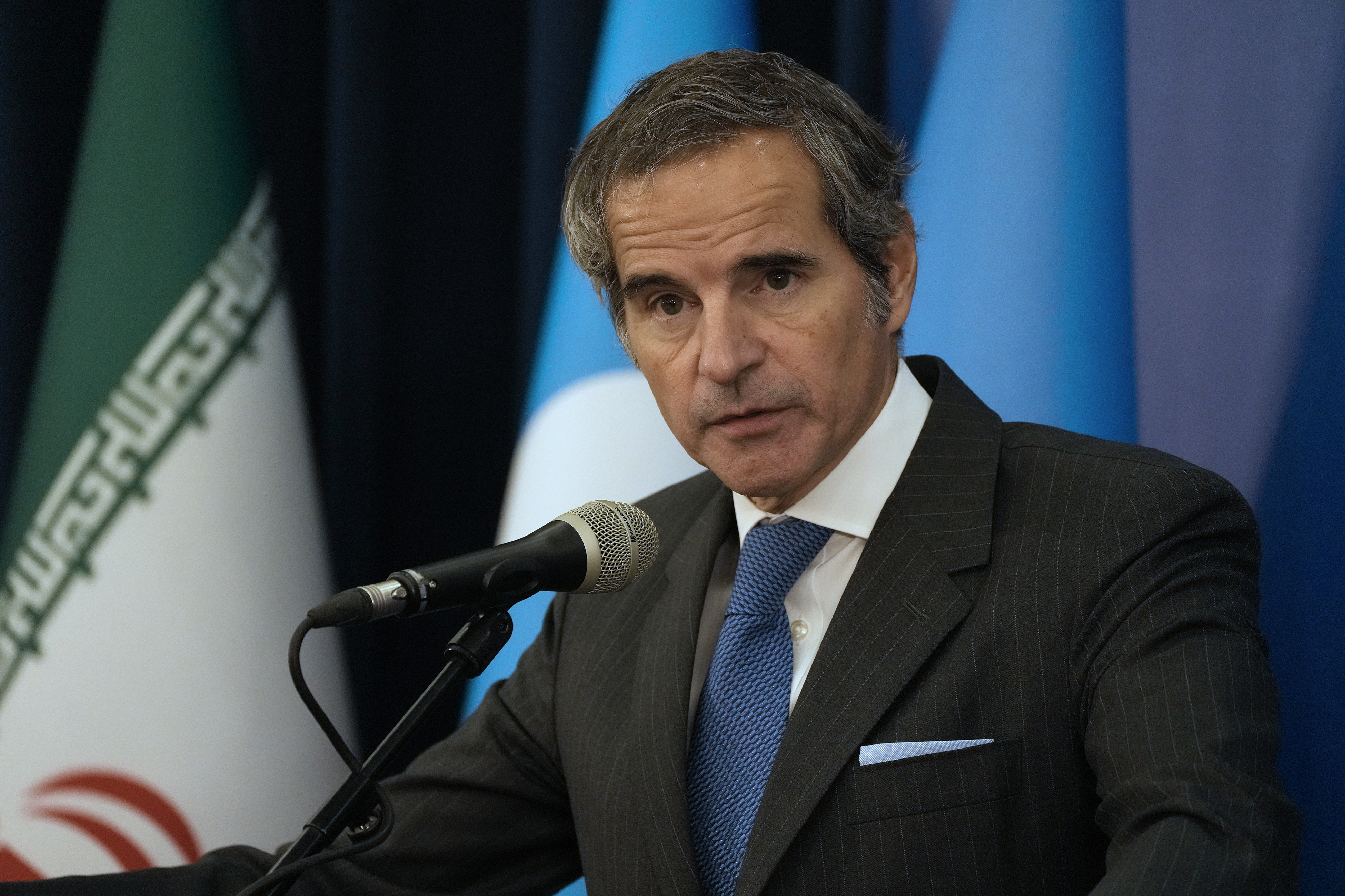 International Atomic Energy Agency (IAEA) Director General Rafael Mariano Grossi speaks during a joint press briefing with head of Atomic Energy Organization of Iran Mohammad Eslami in Tehran, Iran, Thursday, Nov. 14, 2024. (AP Photo/Vahid Salemi)