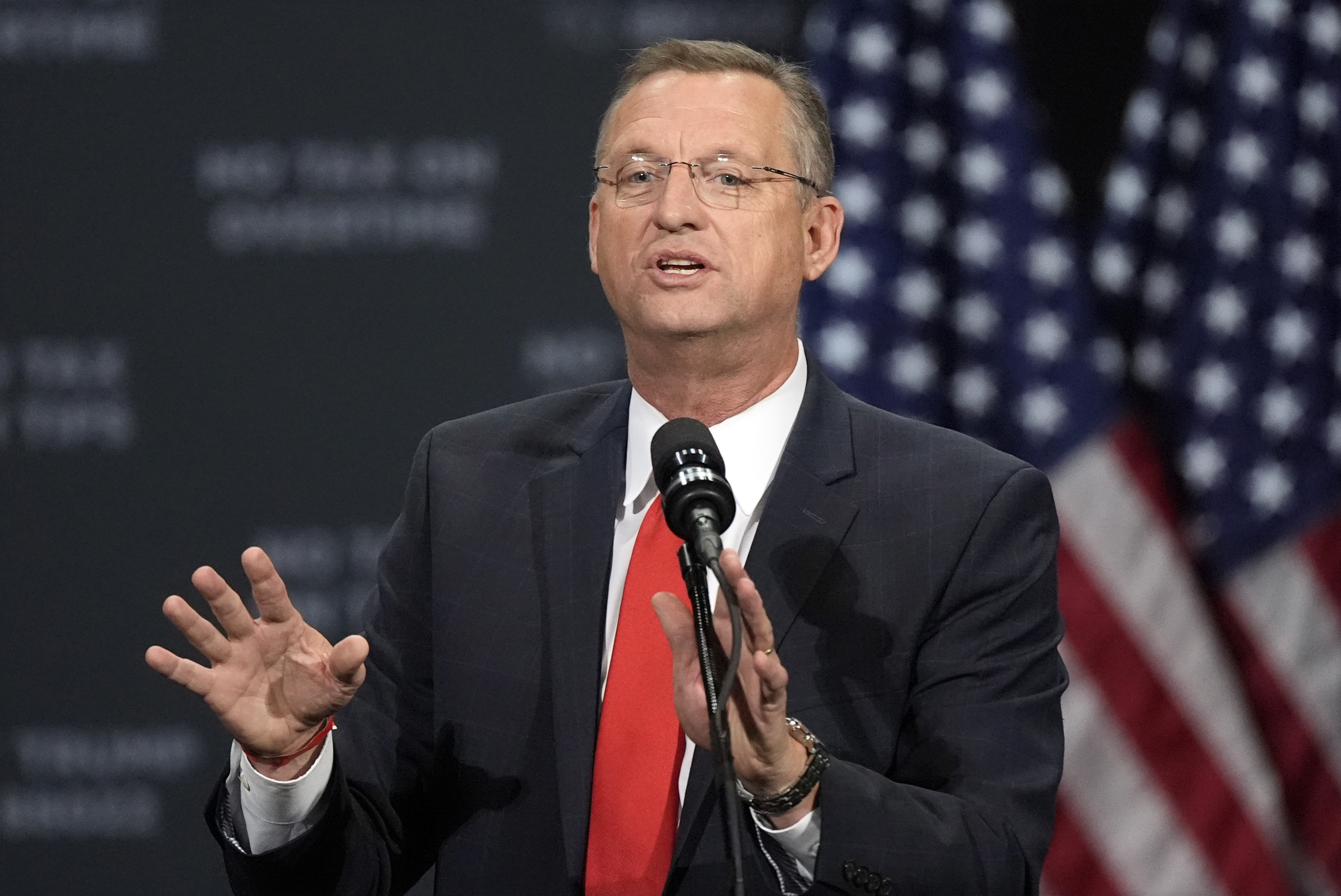 FILE - Former Rep. Doug Collins speaks before Republican presidential nominee former President Donald Trump at a campaign event at the Cobb Energy Performing Arts Centre, Oct. 15, 2024, in Atlanta. (AP Photo/John Bazemore, File)