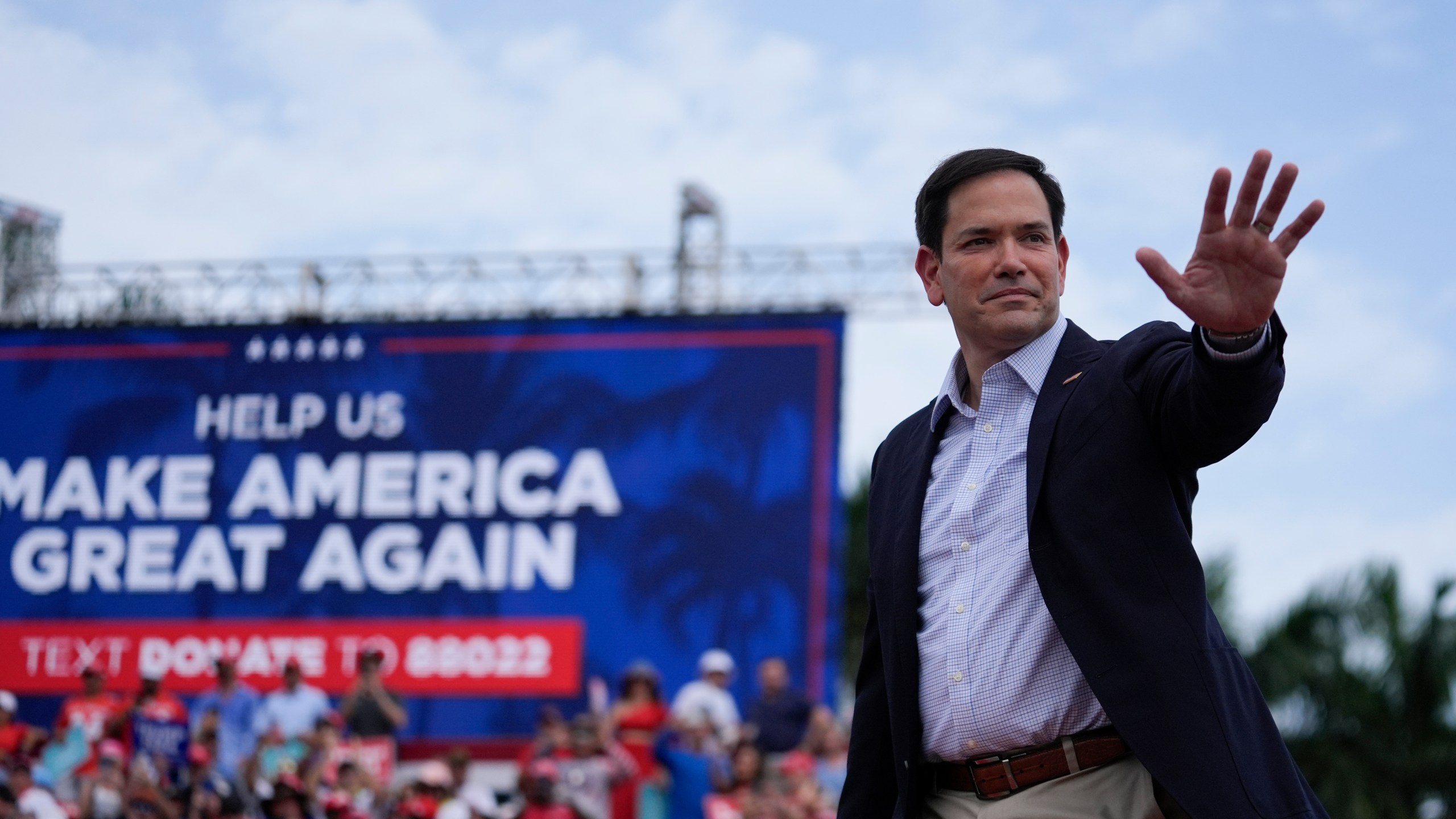 FILE - Sen. Marco Rubio, R-Fla., arrives to speak before Republican presidential candidate former President Donald Trump at a campaign rally at Trump National Doral Miami, in Doral, Fla., July 9, 2024. (AP Photo/Rebecca Blackwell, File)