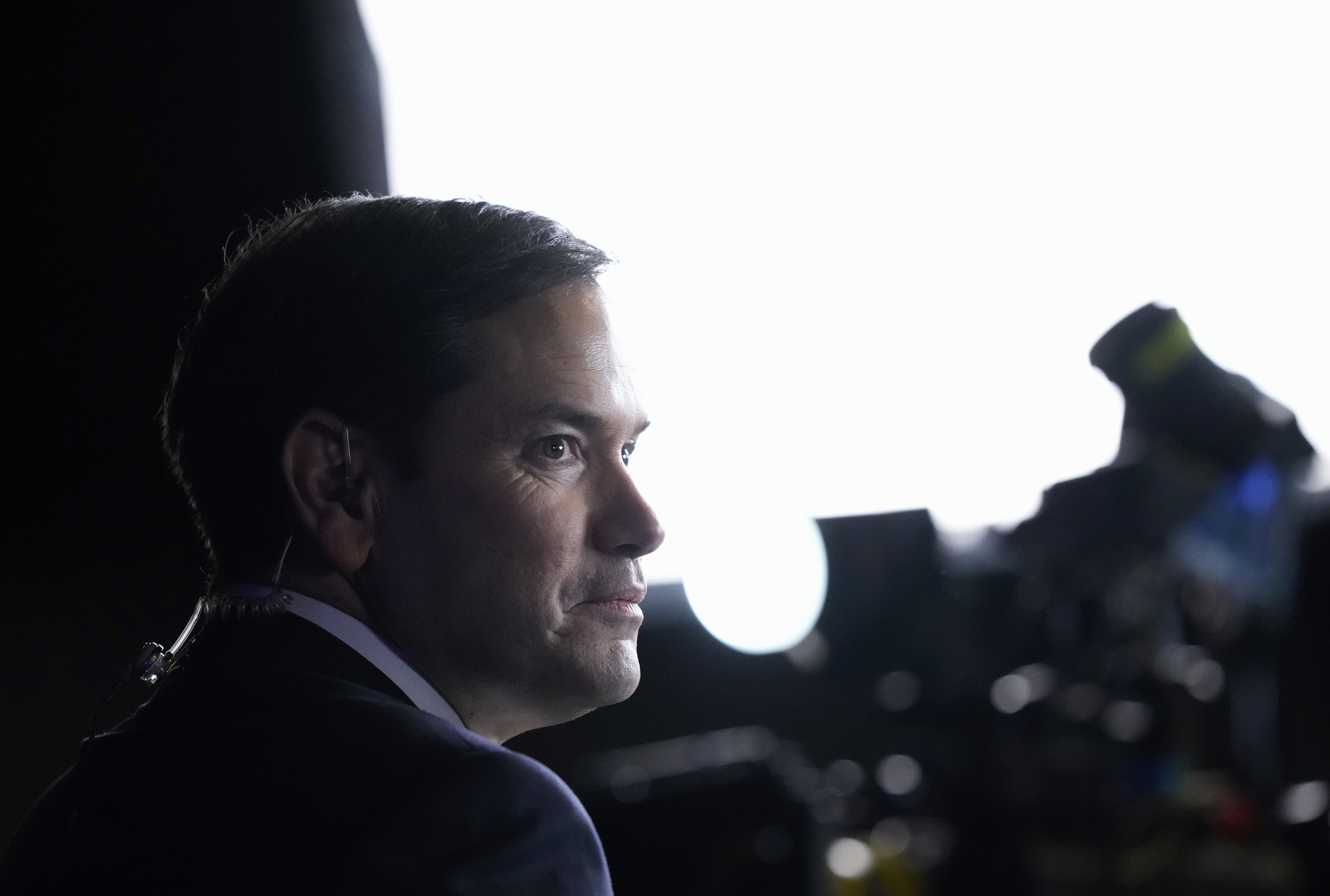 FILE - Sen. Marco Rubio, R-Fla., pauses while talking with reporters at an election night watch party in West Palm Beach, Fla., Nov. 5, 2024. (AP Photo/Alex Brandon, File)