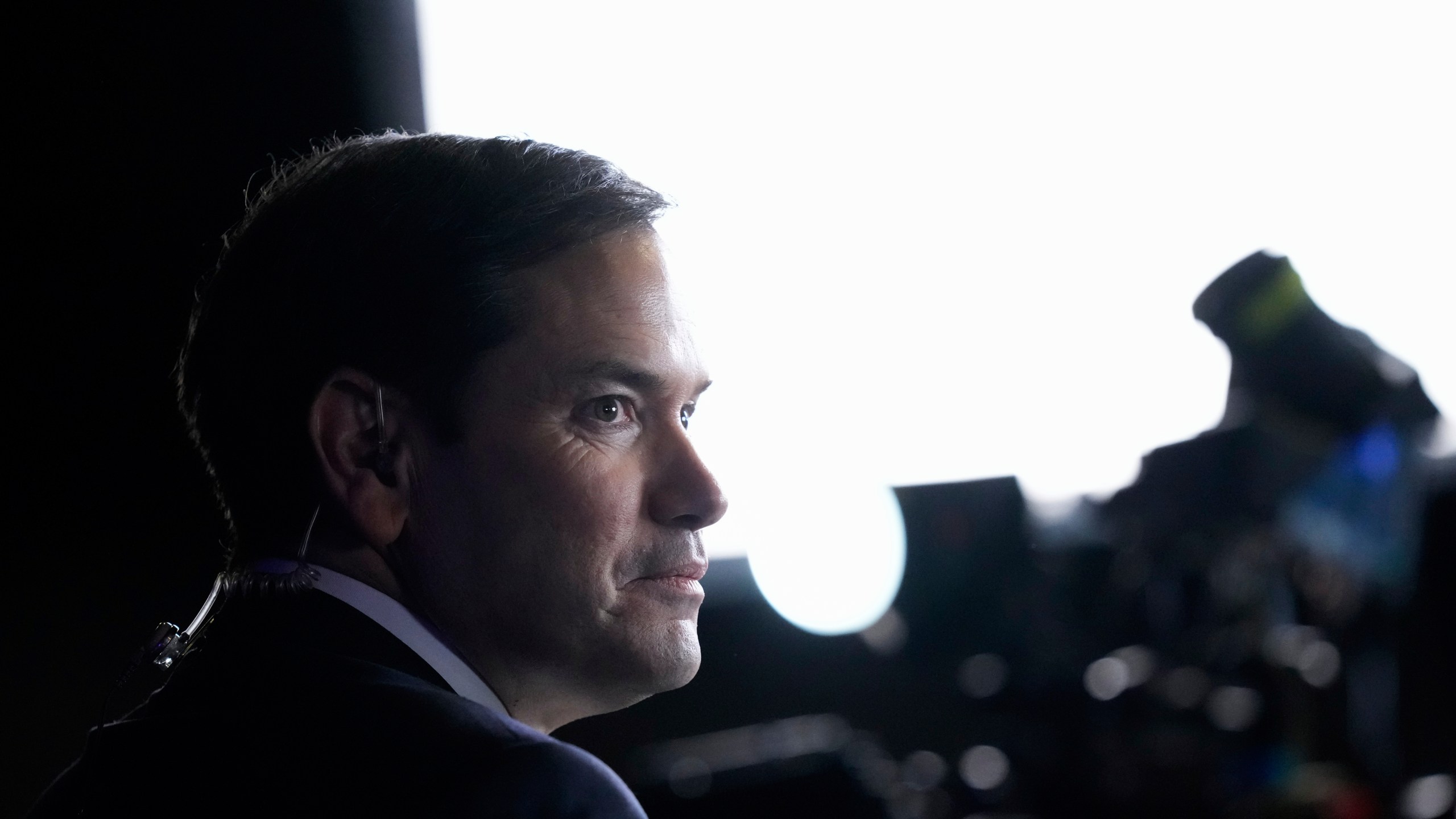 FILE - Sen. Marco Rubio, R-Fla., pauses while talking with reporters at an election night watch party in West Palm Beach, Fla., Nov. 5, 2024. (AP Photo/Alex Brandon, File)