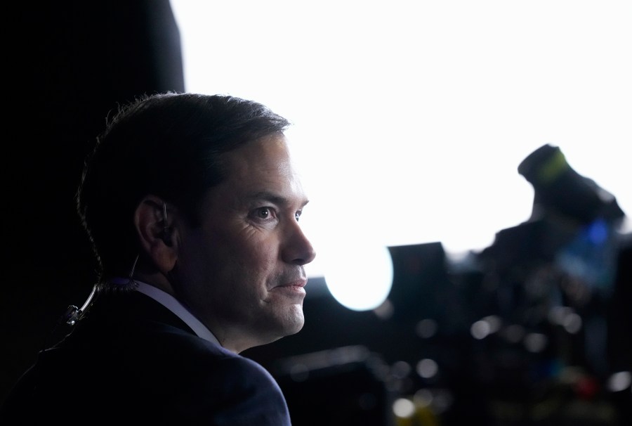 FILE - Sen. Marco Rubio, R-Fla., pauses while talking with reporters at an election night watch party in West Palm Beach, Fla., Nov. 5, 2024. (AP Photo/Alex Brandon, File)