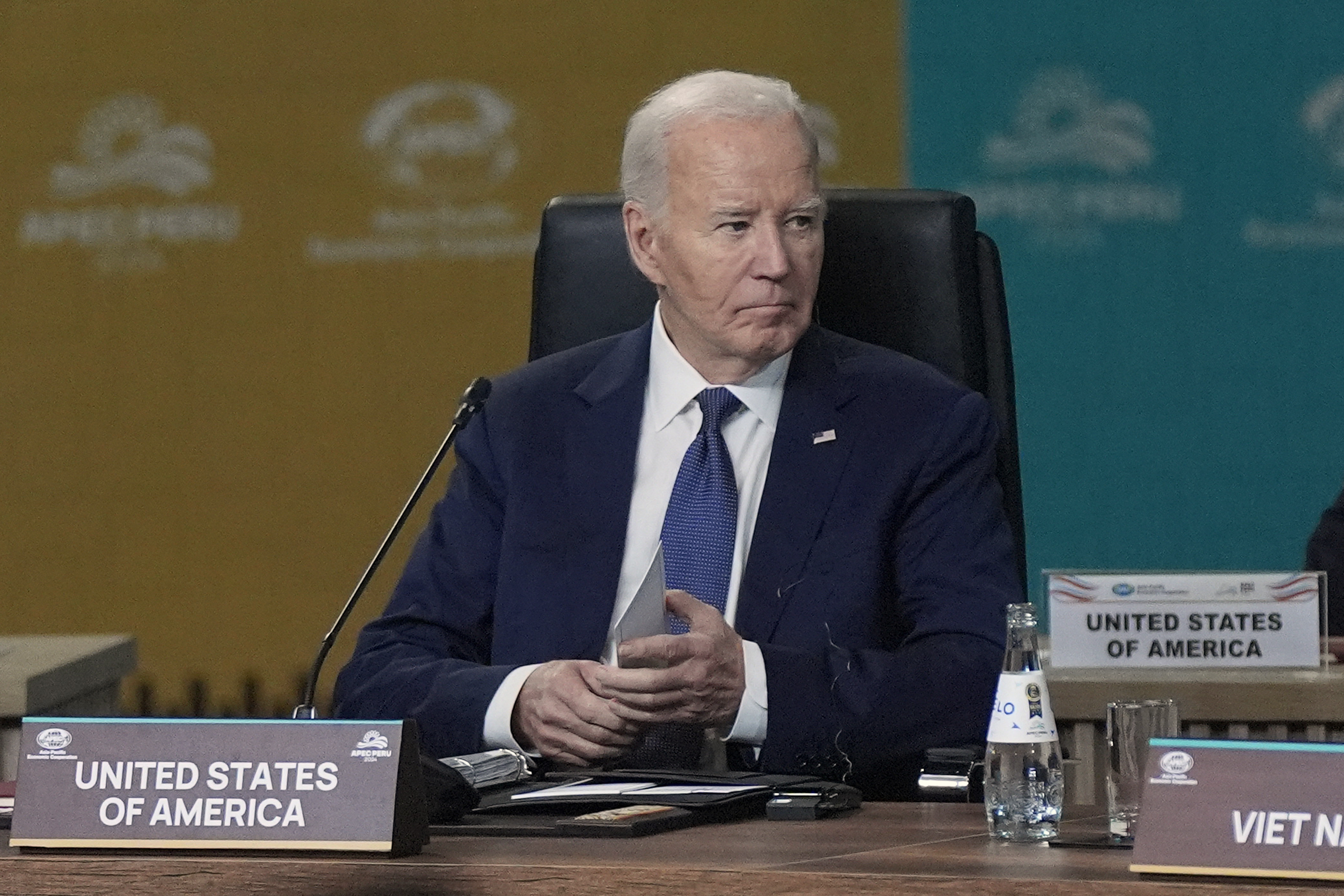 President Joe Biden listens during the APEC Leaders' Informal Dialogue at the APEC Summit in Lima, Peru, Friday, Nov. 15, 2024. (AP Photo/Manuel Balce Ceneta)