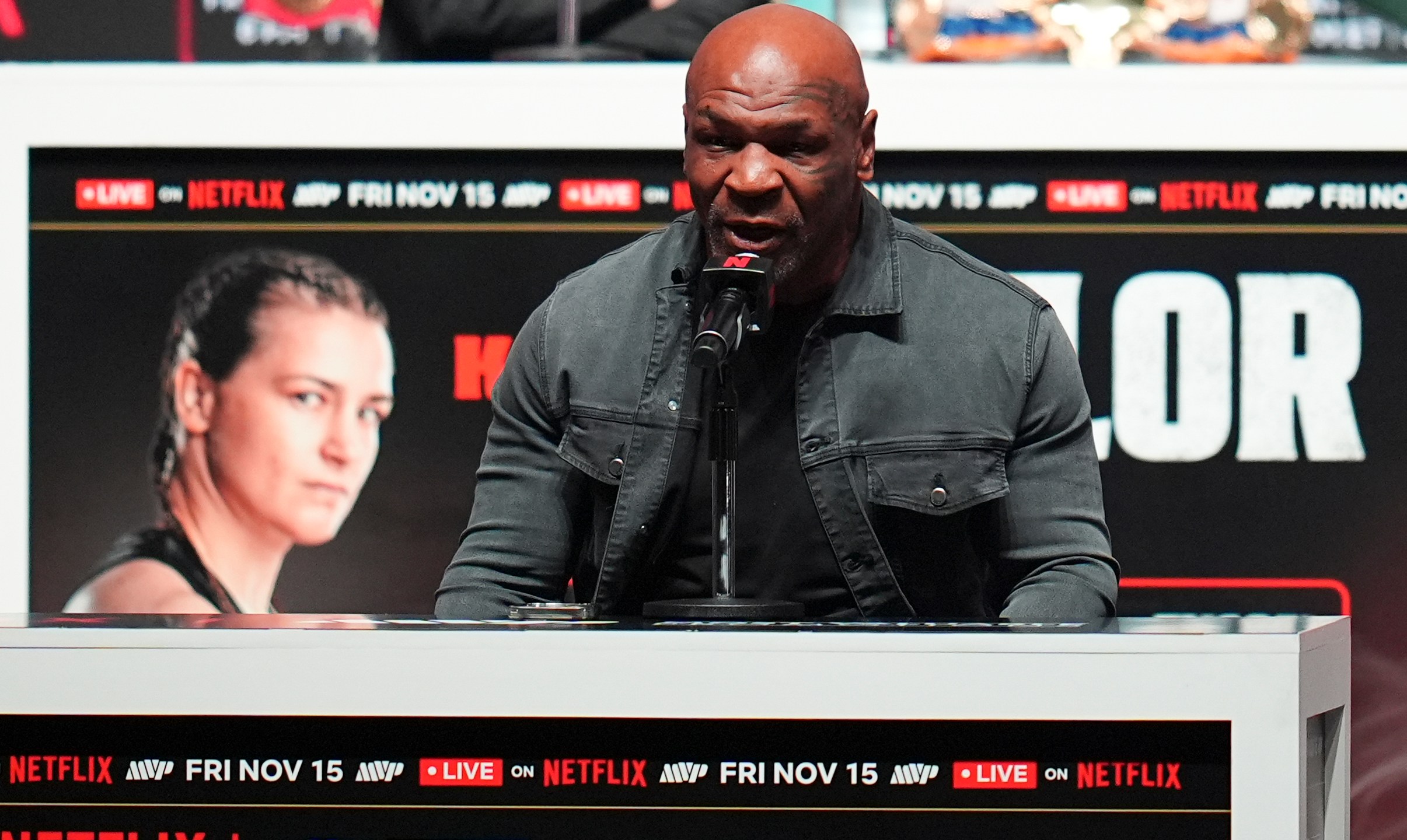 Mike Tyson speaks during a news conference ahead of his fight against Jake Paul, Wednesday, Nov. 13, 2024, in Irving, Texas. (AP Photo/Julio Cortez)