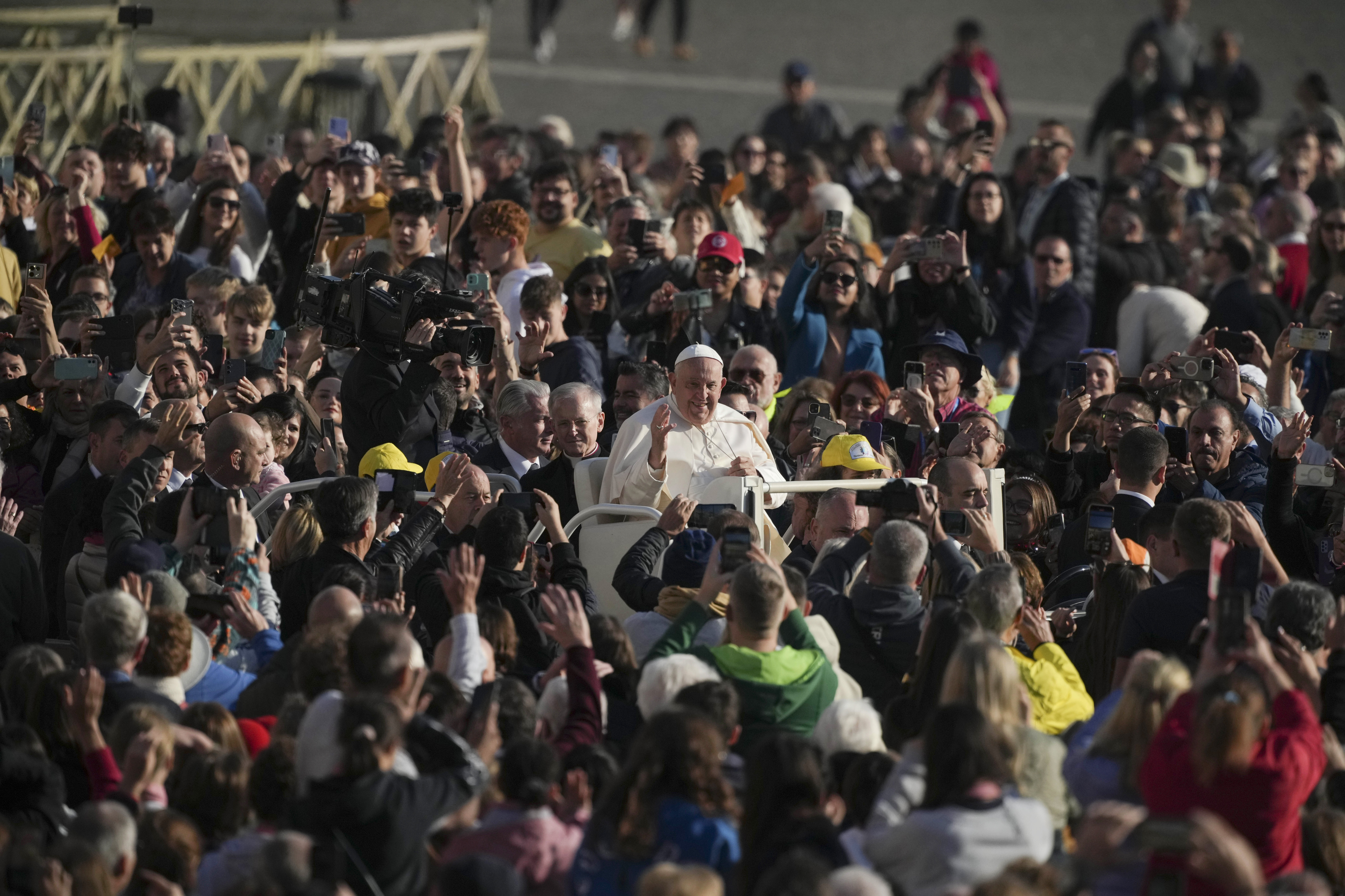 FILE - Pope Francis arrives in St. Peter's Square on the occasion of the weekly general audience at the Vatican, Wednesday, Nov. 6, 2024. (AP Photo/Alessandra Tarantino, File)