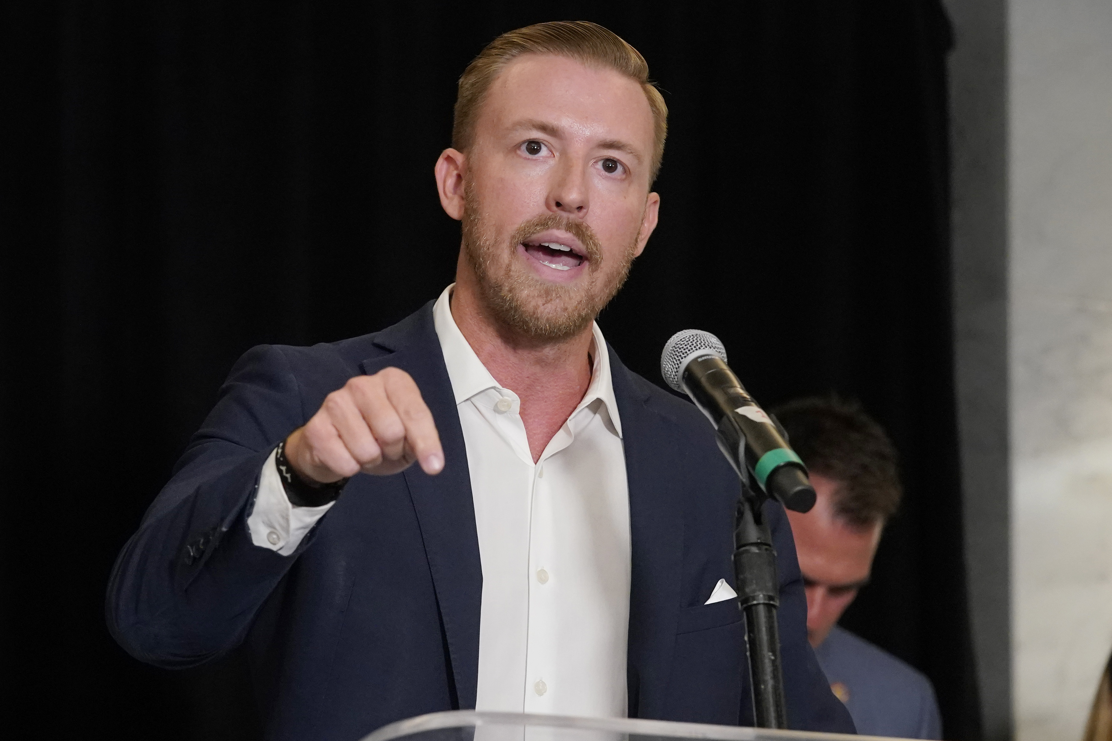 FILE - Ryan Walters, Republican state superintendent candidate, speaks, June 28, 2022, in Oklahoma City. (AP Photo/Sue Ogrocki, File)