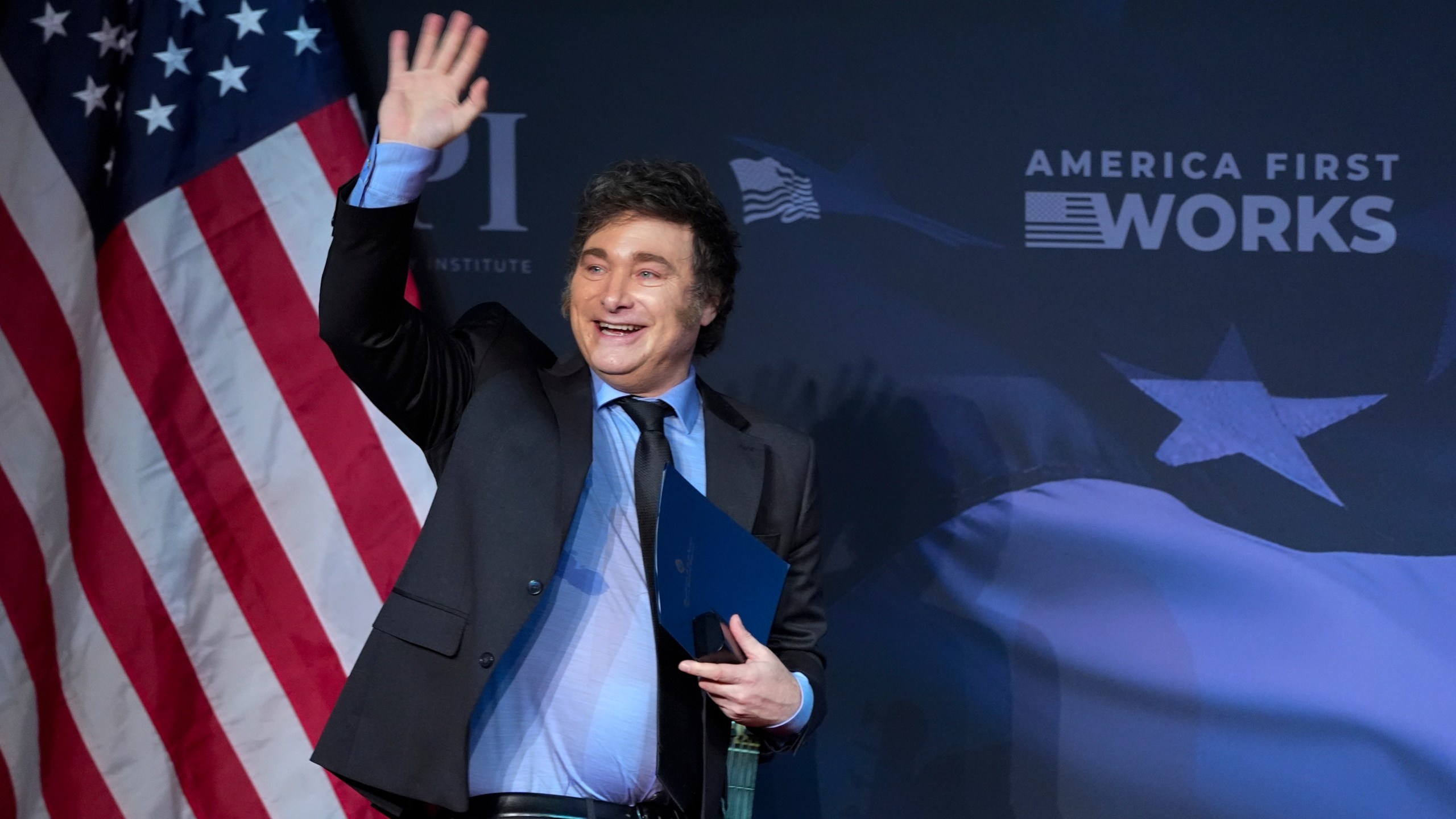 Argentina's President Javier Milei arrives to speak before President-elect Donald Trump during an America First Policy Institute gala at his Mar-a-Lago estate, Thursday, Nov. 14, 2024, in Palm Beach, Fla. (AP Photo/Alex Brandon)