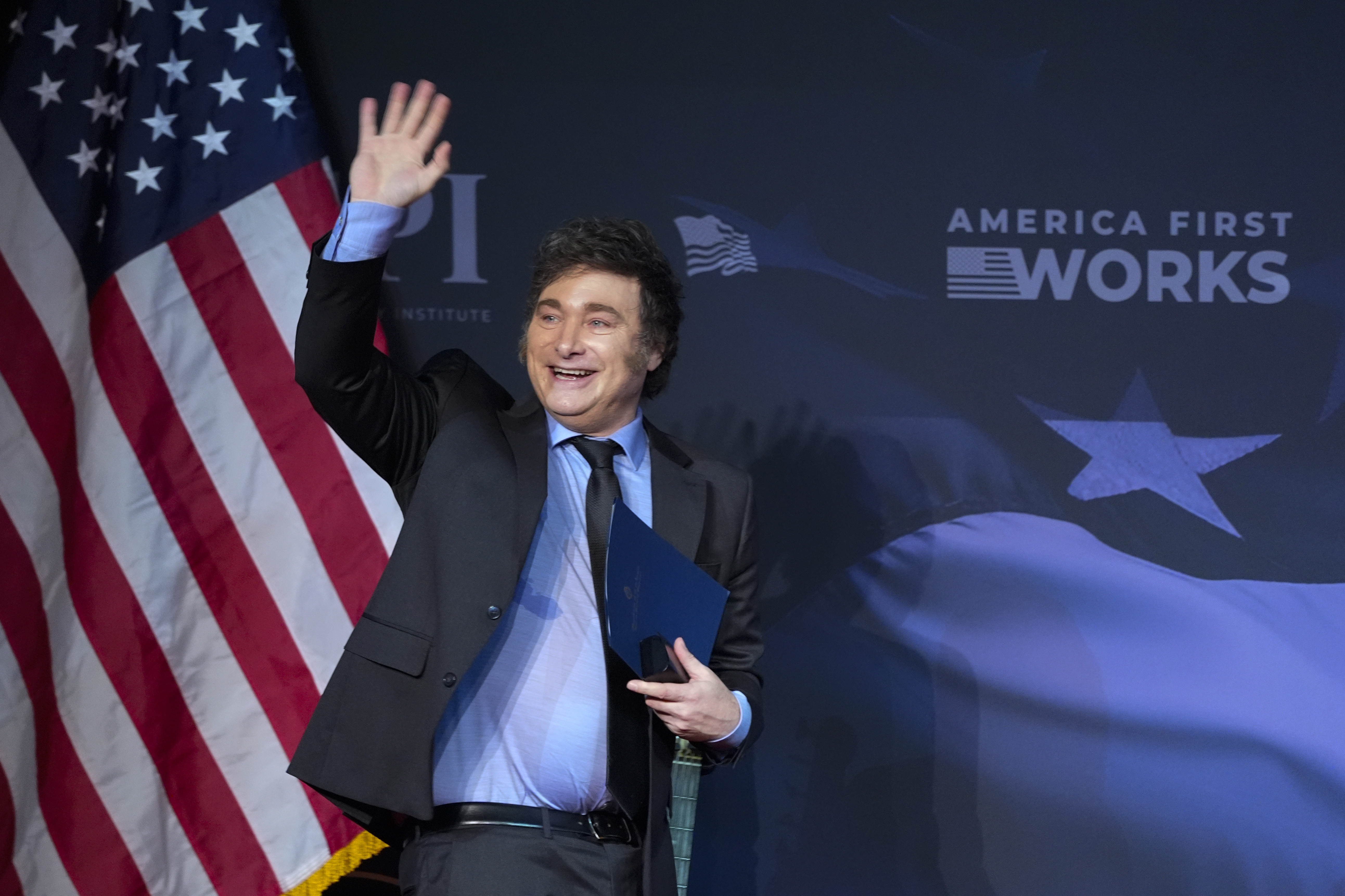 Argentina's President Javier Milei arrives to speak before President-elect Donald Trump during an America First Policy Institute gala at his Mar-a-Lago estate, Thursday, Nov. 14, 2024, in Palm Beach, Fla. (AP Photo/Alex Brandon)