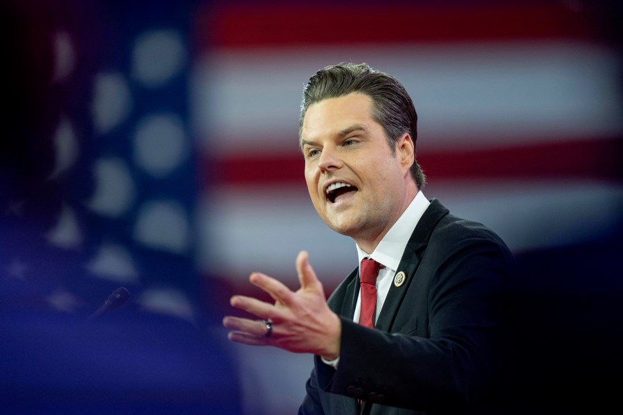 FILE - Rep. Matt Gaetz, R-Fla., speaks during the Conservative Political Action Conference, CPAC 2024, at the National Harbor, in Oxon Hill, Md., Feb. 23, 2024. (AP Photo/Alex Brandon, File)