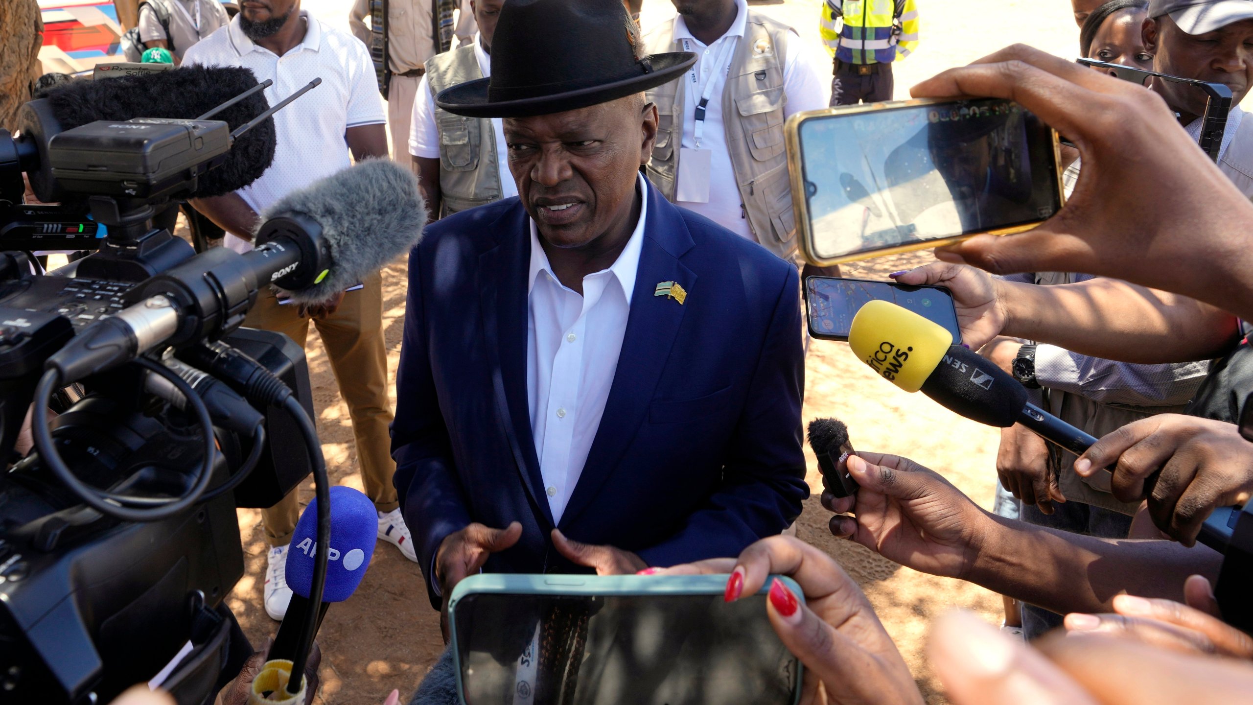 FILE - President Mokgweetsi Masisi of Botswana speaks to journalists after casting his vote during the elections at Mosielele primary school in Moshupa village, Southern District, Wednesday, Oct. 30, 2024. (AP Photo/Themba Hadebe, file)