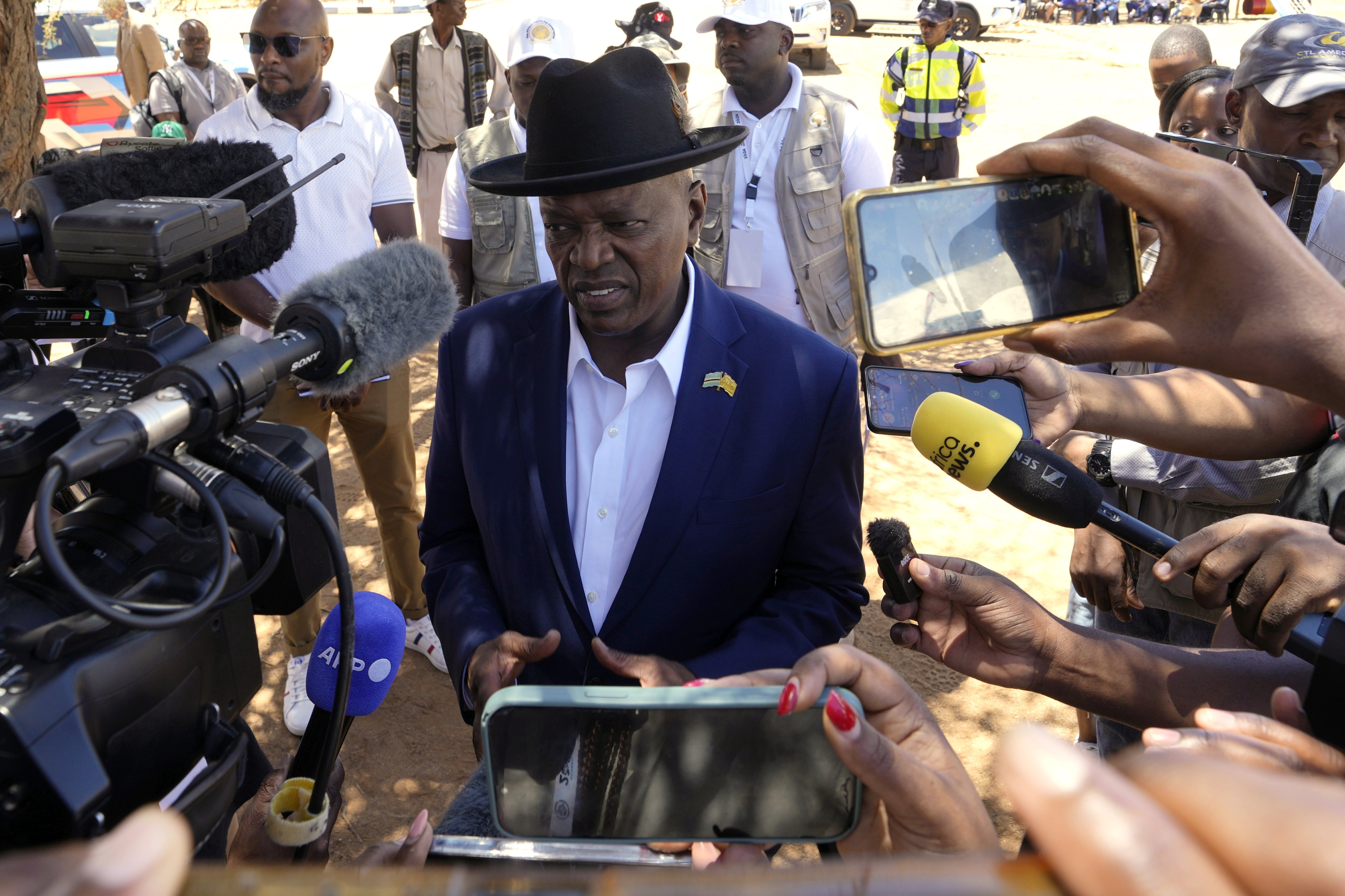 FILE - President Mokgweetsi Masisi of Botswana speaks to journalists after casting his vote during the elections at Mosielele primary school in Moshupa village, Southern District, Wednesday, Oct. 30, 2024. (AP Photo/Themba Hadebe, file)