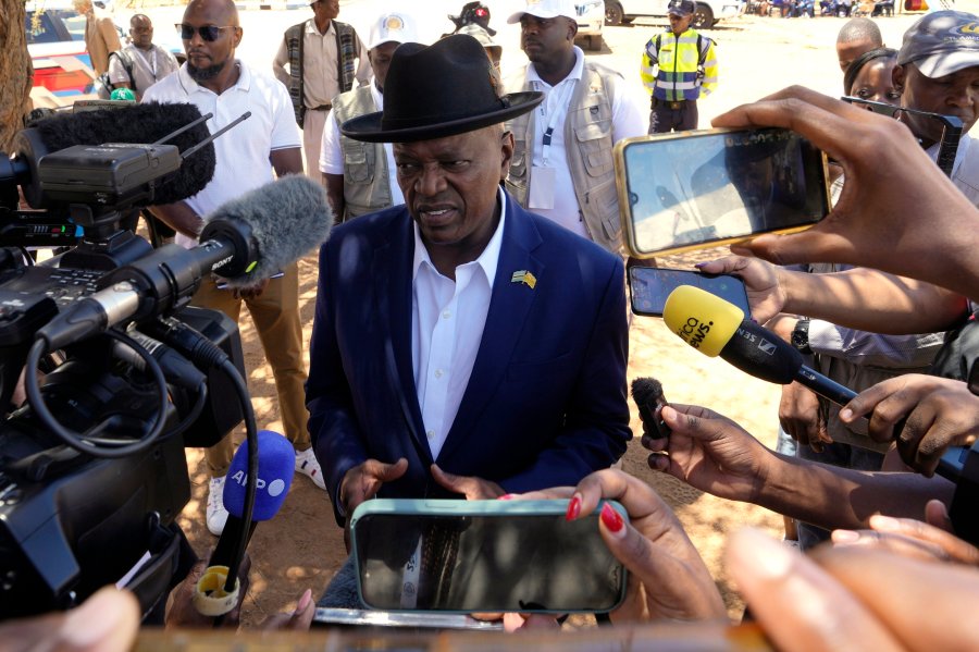 FILE - President Mokgweetsi Masisi of Botswana speaks to journalists after casting his vote during the elections at Mosielele primary school in Moshupa village, Southern District, Wednesday, Oct. 30, 2024. (AP Photo/Themba Hadebe, file)