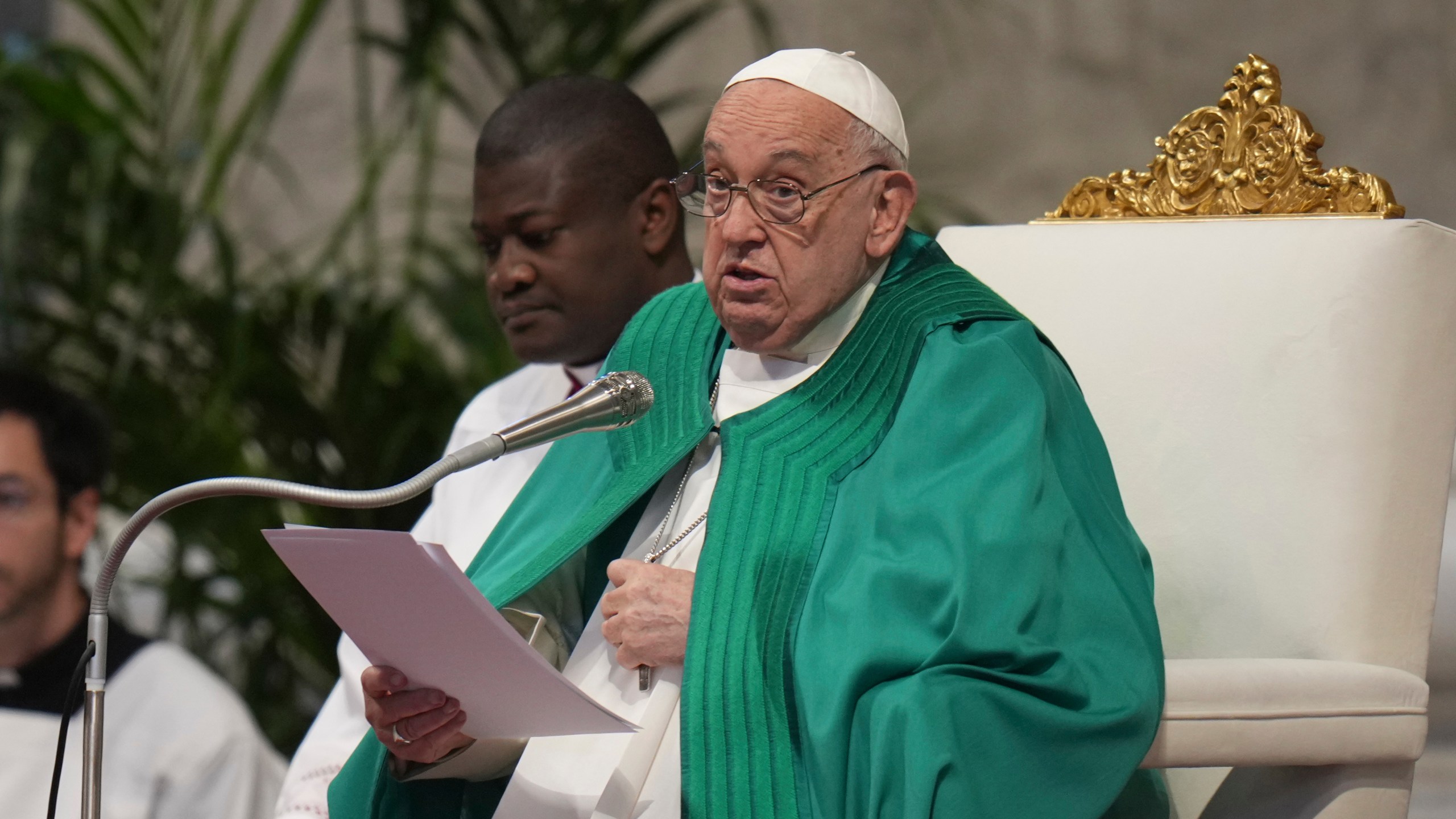 Pope Francis delivers his speech during a mass on the occasion of the World Day of the Poor in St. Peter's Basilica, at the Vatican, Sunday, Nov. 17, 2024. (AP Photo/Alessandra Tarantino)