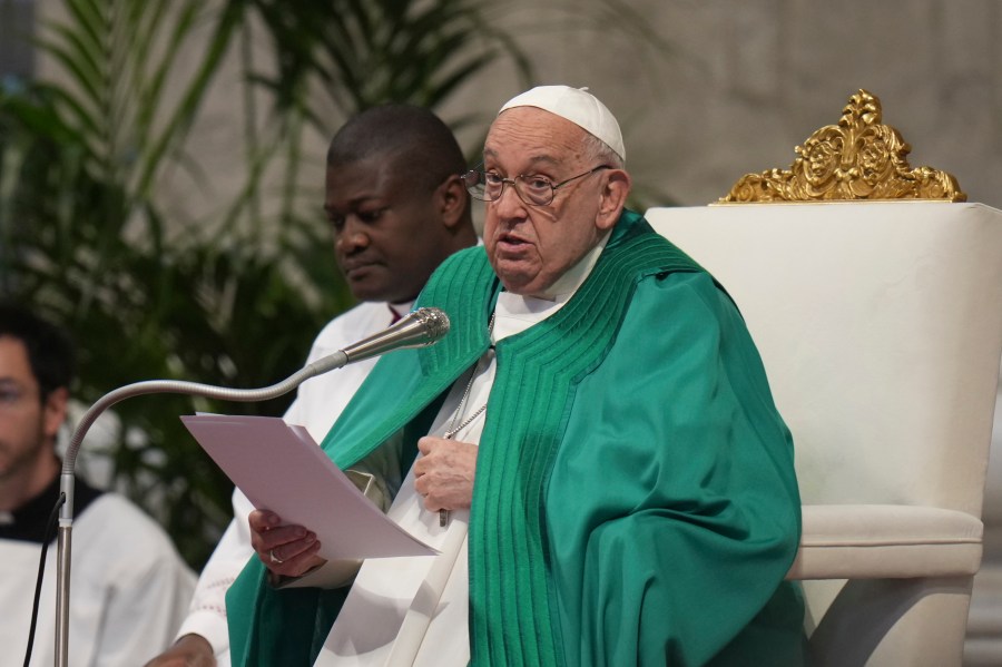 Pope Francis delivers his speech during a mass on the occasion of the World Day of the Poor in St. Peter's Basilica, at the Vatican, Sunday, Nov. 17, 2024. (AP Photo/Alessandra Tarantino)